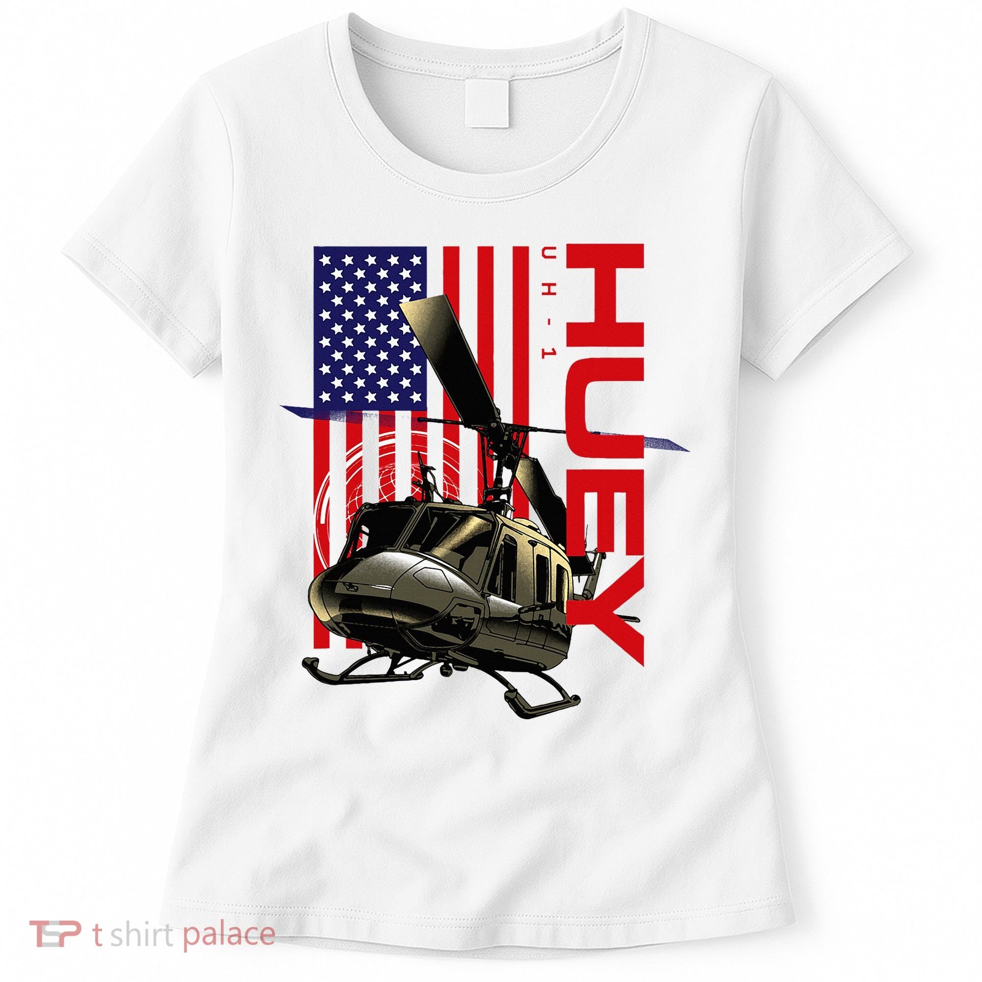Huey Military Helicopter Airplane American Flag Women's T-Shirt