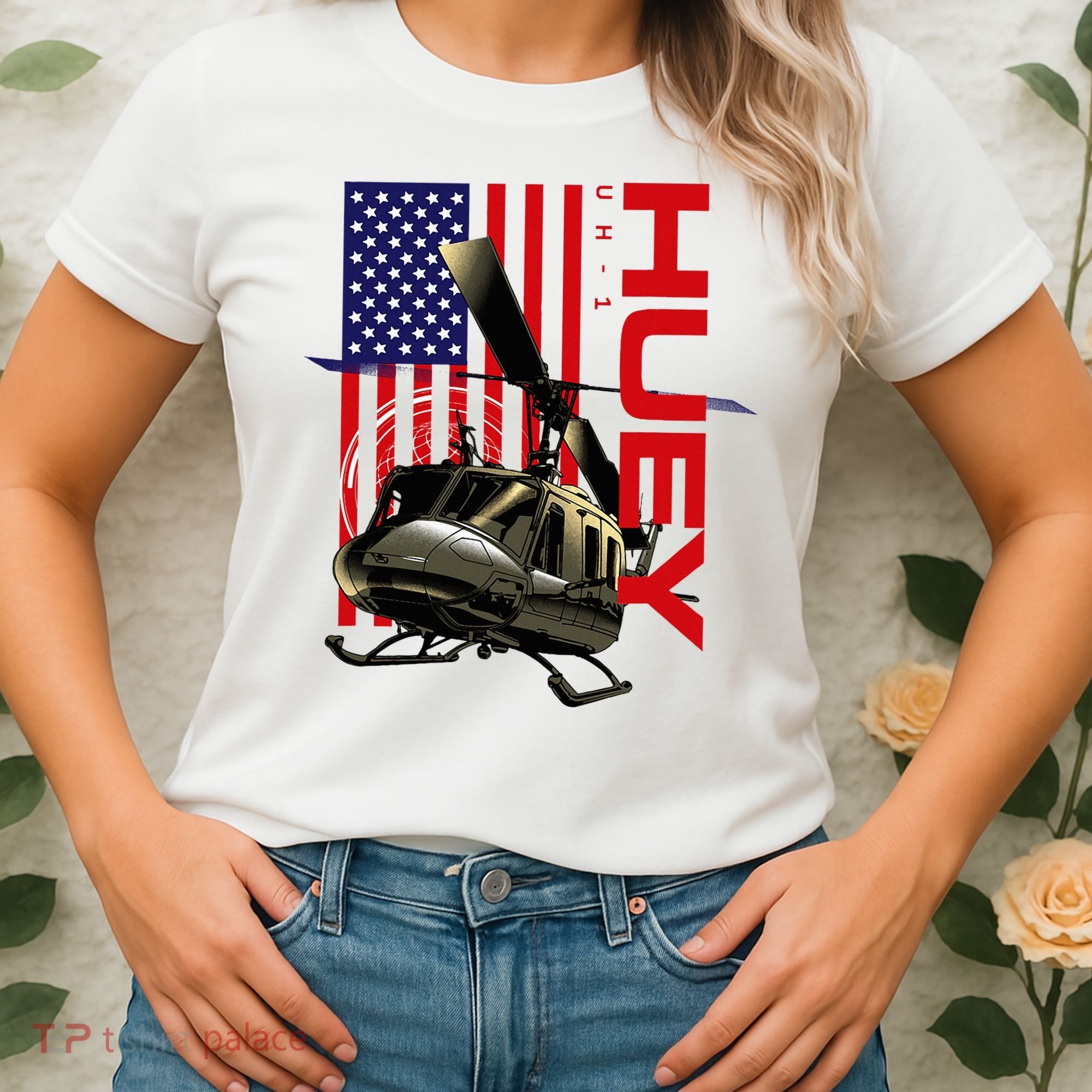 Huey Military Helicopter Airplane American Flag Women's T-Shirt