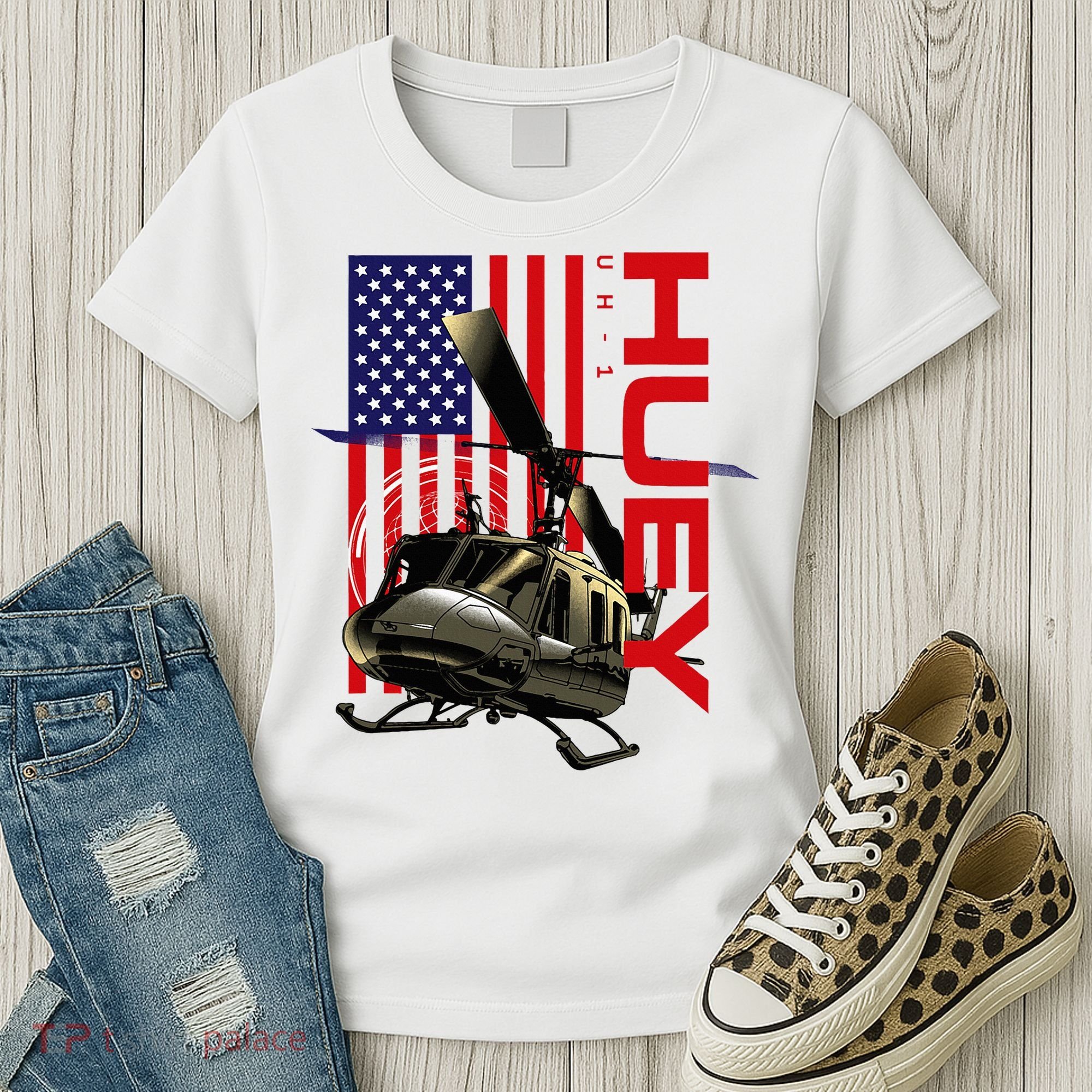 Huey Military Helicopter Airplane American Flag Women's T-Shirt