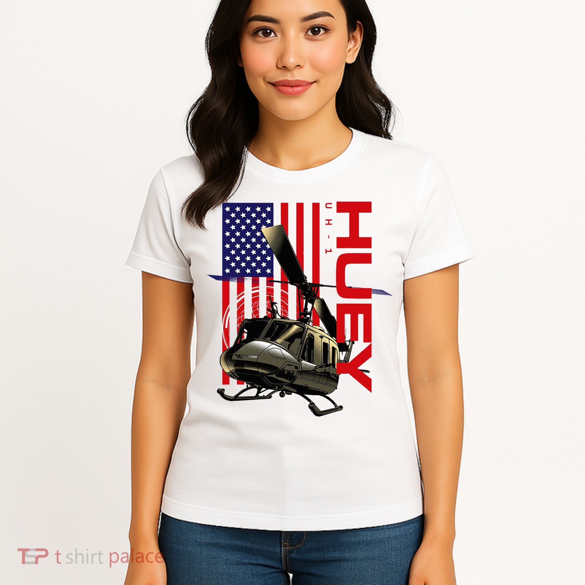 Huey Military Helicopter Airplane American Flag Women's T-Shirt