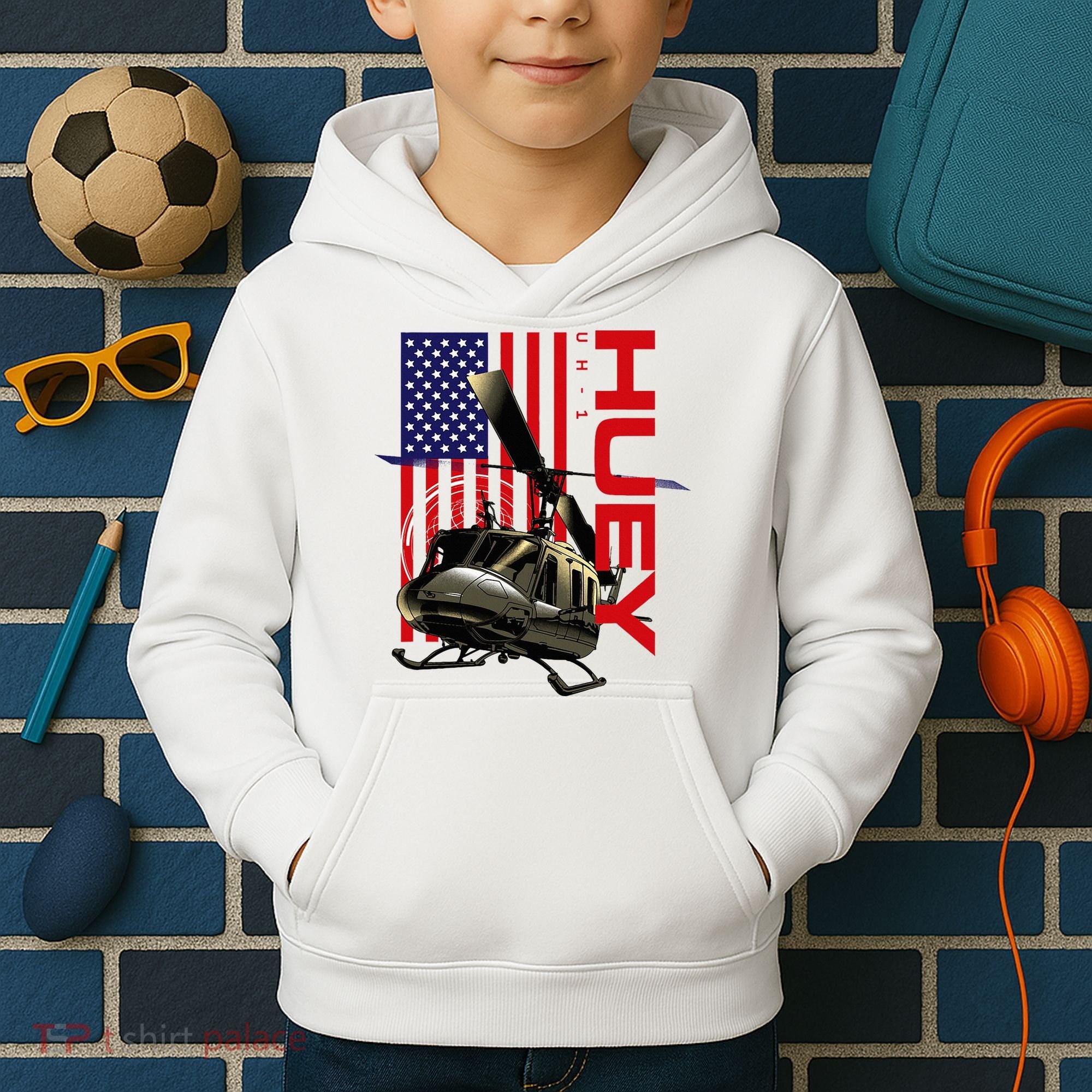 Huey Military Helicopter Airplane American Flag Kids Hoodie