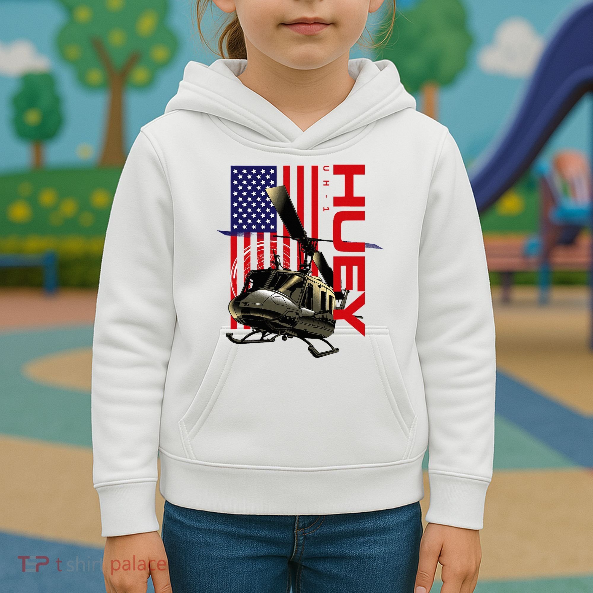 Huey Military Helicopter Airplane American Flag Kids Hoodie