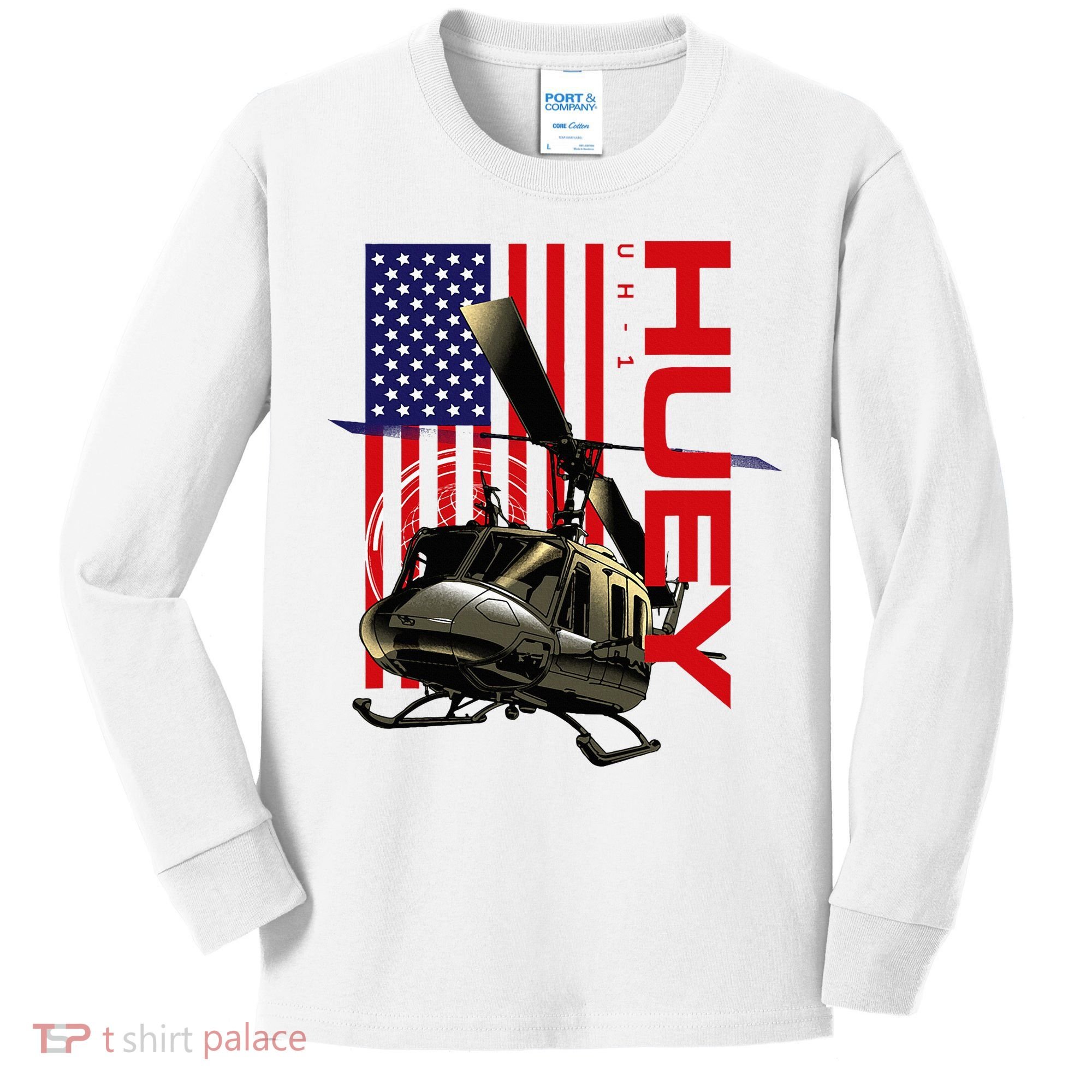 Huey Military Helicopter Airplane American Flag Kids Long Sleeve Shirt