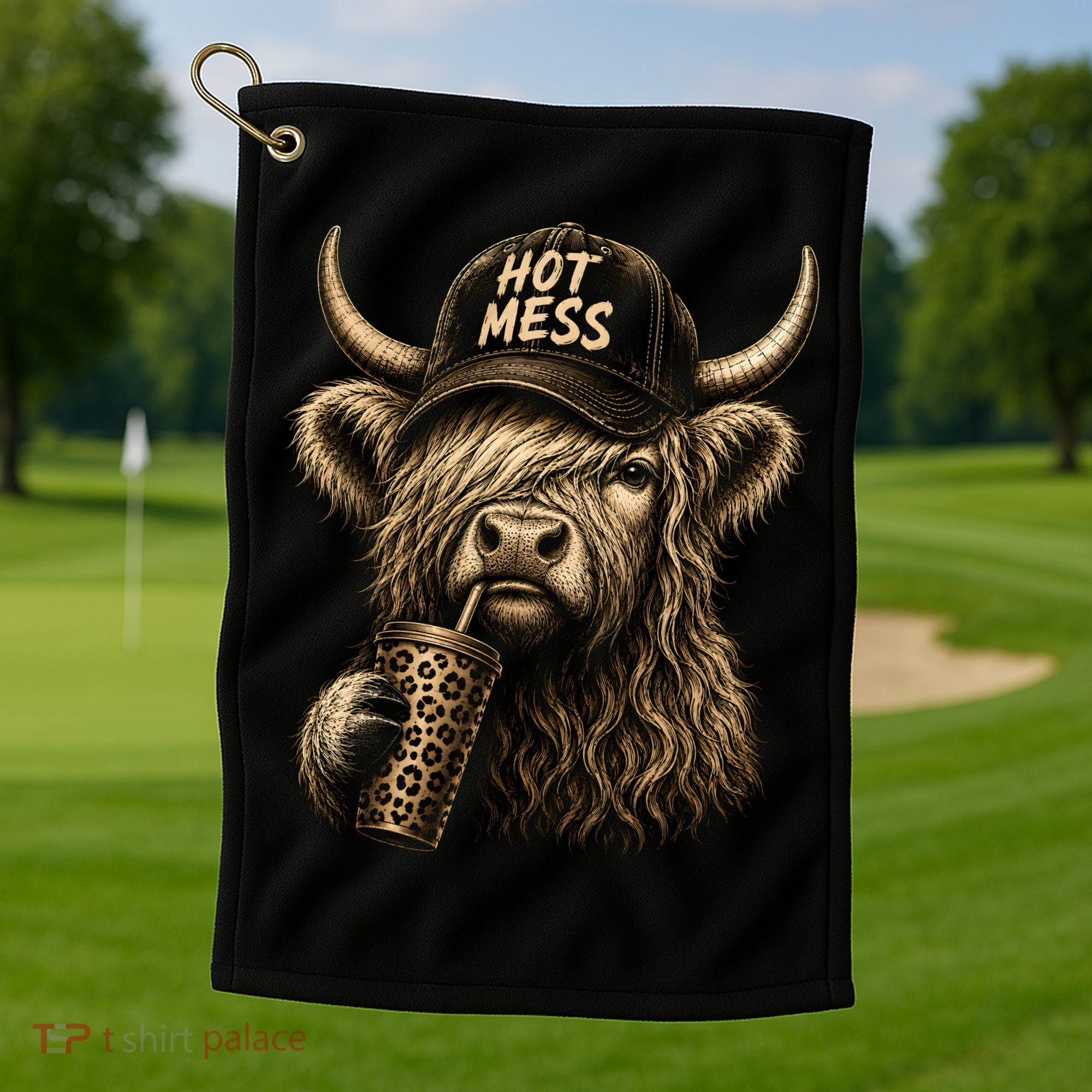 Hot Mess Highland Cow Funny Golf Towel
