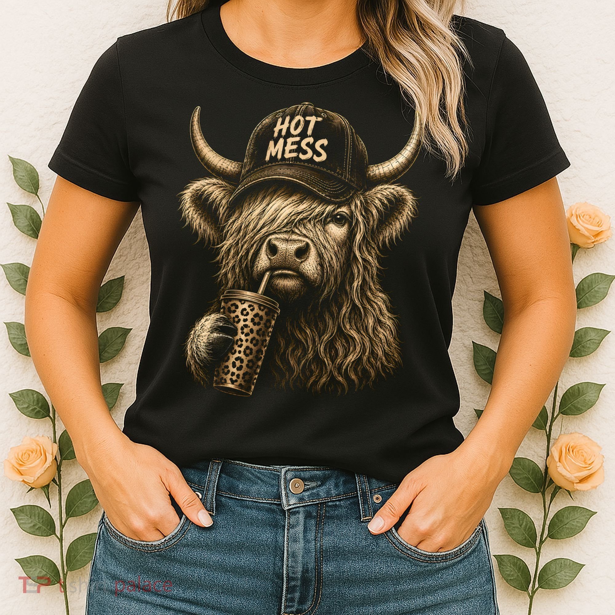 Hot Mess Highland Cow Funny Women's T-Shirt