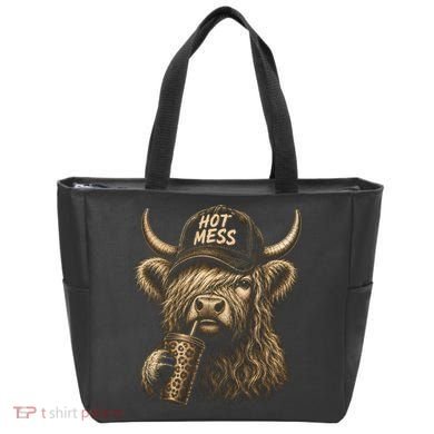 Hot Mess Highland Cow Funny Tote Bag