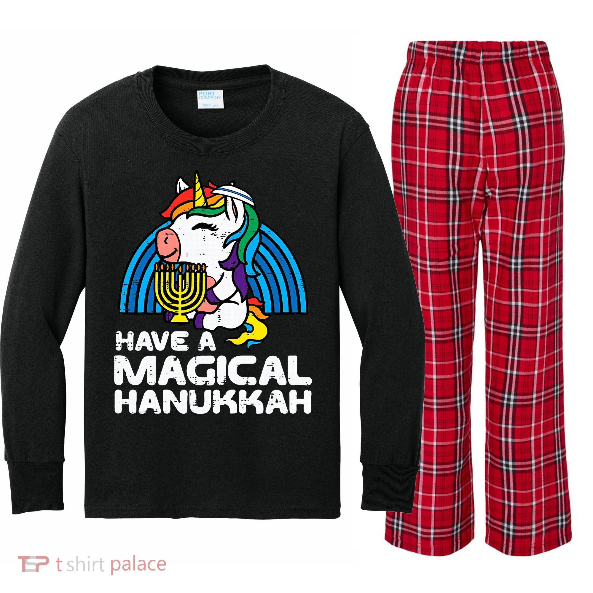 Have Magical Hanukkah Unicorn Chanukah Kids Long Sleeve Plaid Pajama Set
