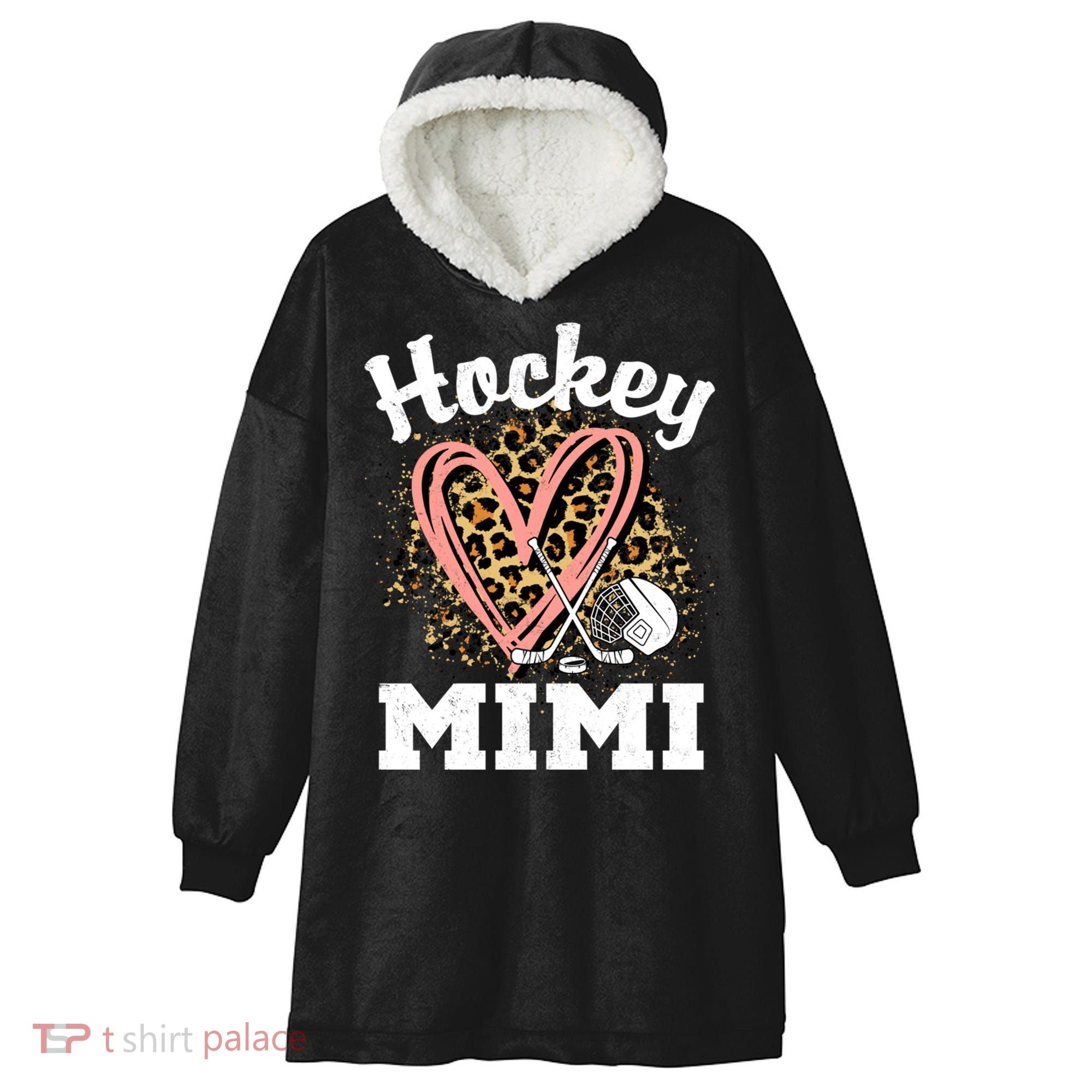 Hockey Mimi Leopard Heart Ice Hockey Grandma Great Gift Hooded Wearable Blanket