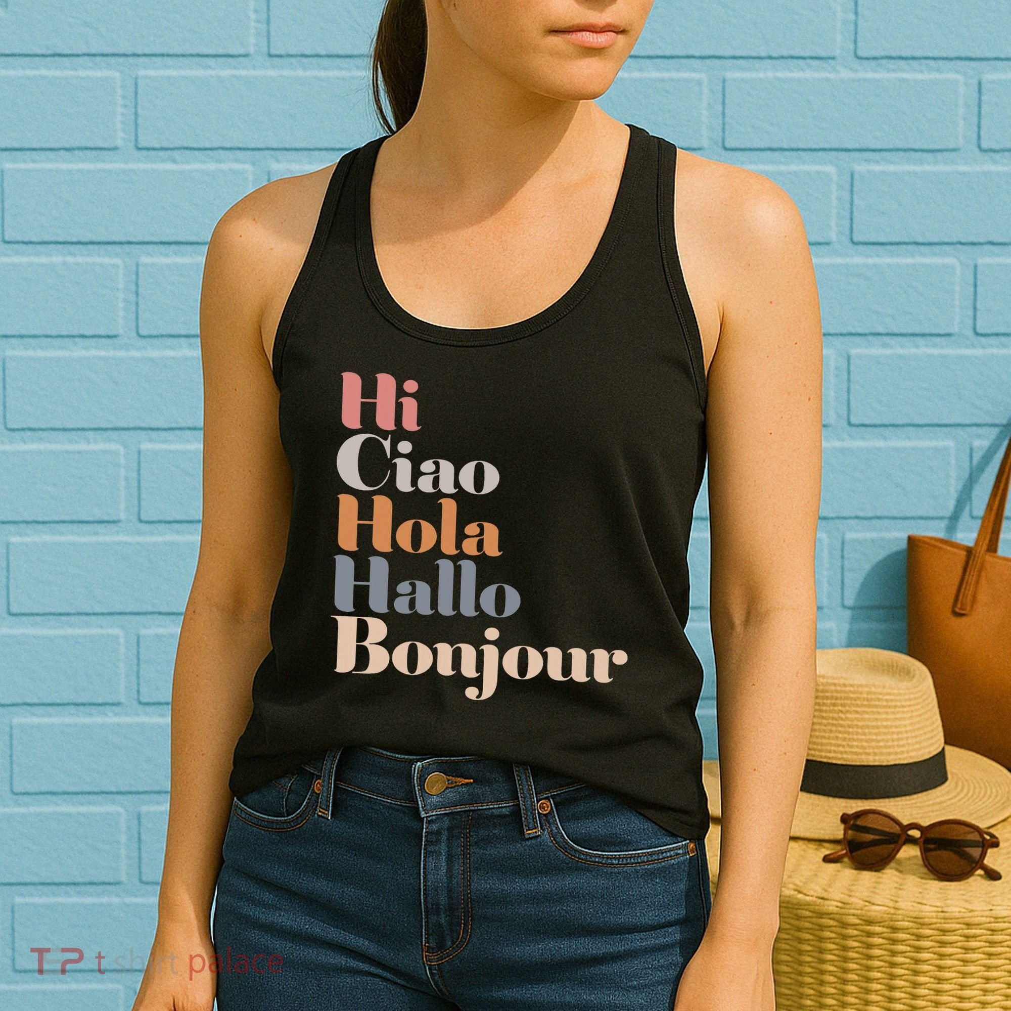Hi Multiple Languages Hello Bonjour Ciao Hola Boho Women's Tank Top