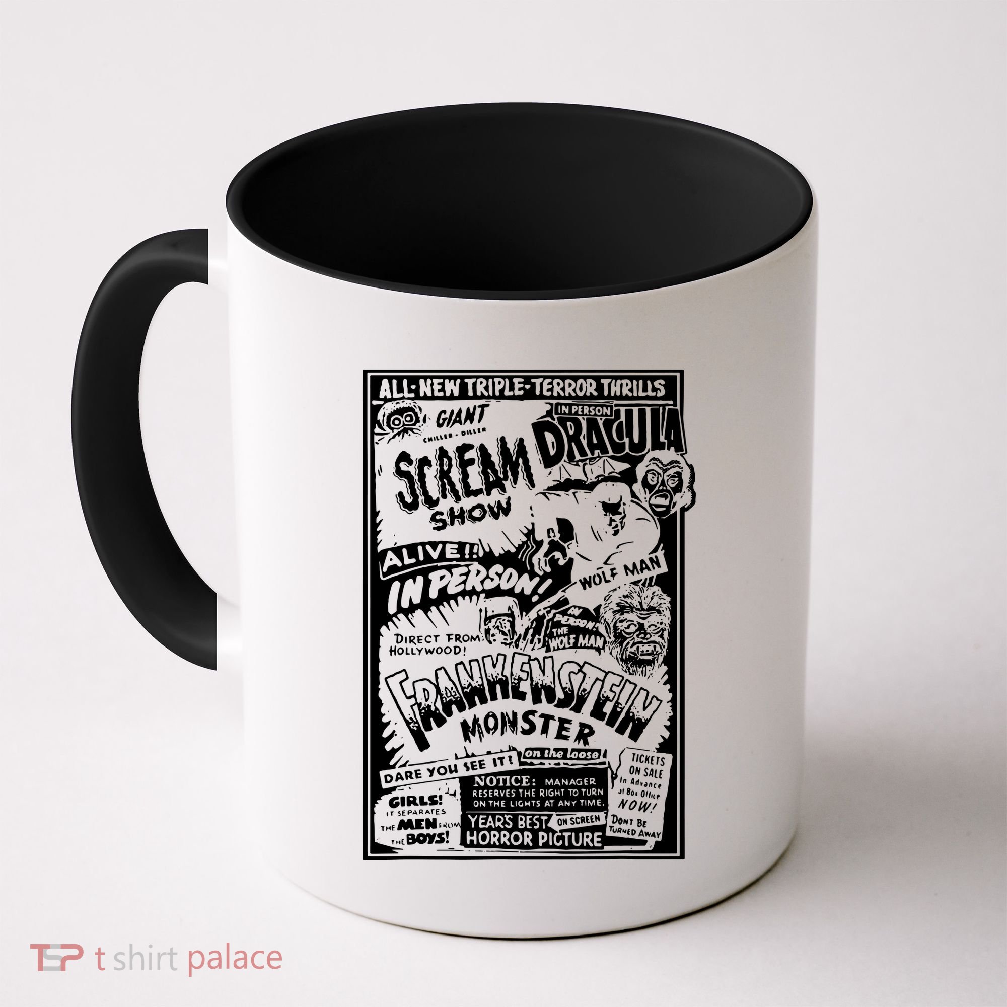 Horror Movie Monsters Mummy Wolfman Dracula Frankenstein Coffee Mug