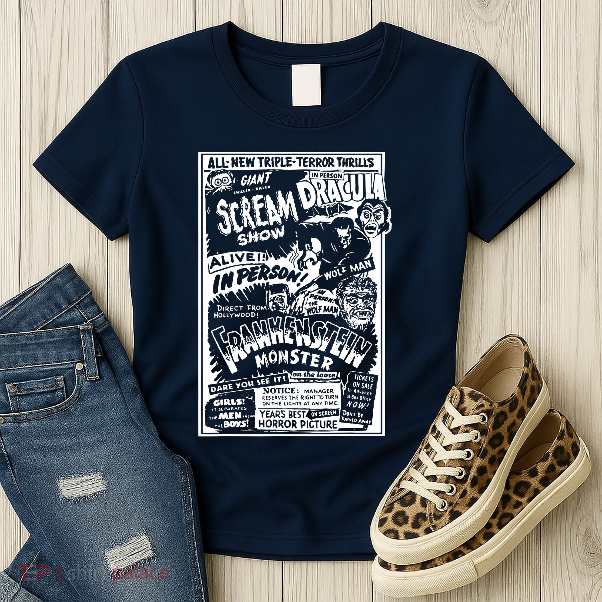 Horror Movie Monsters Mummy Wolfman Dracula Frankenstein Women's T-Shirt