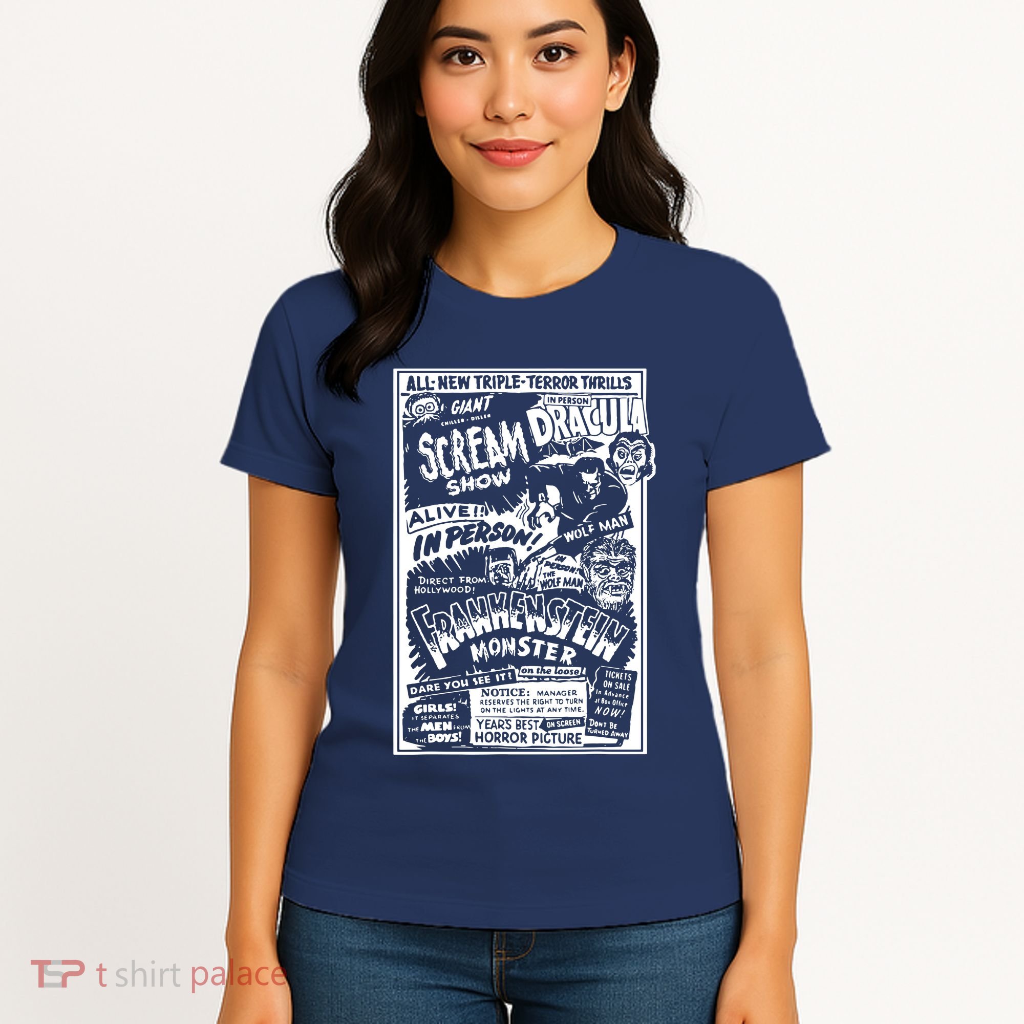 Horror Movie Monsters Mummy Wolfman Dracula Frankenstein Women's T-Shirt