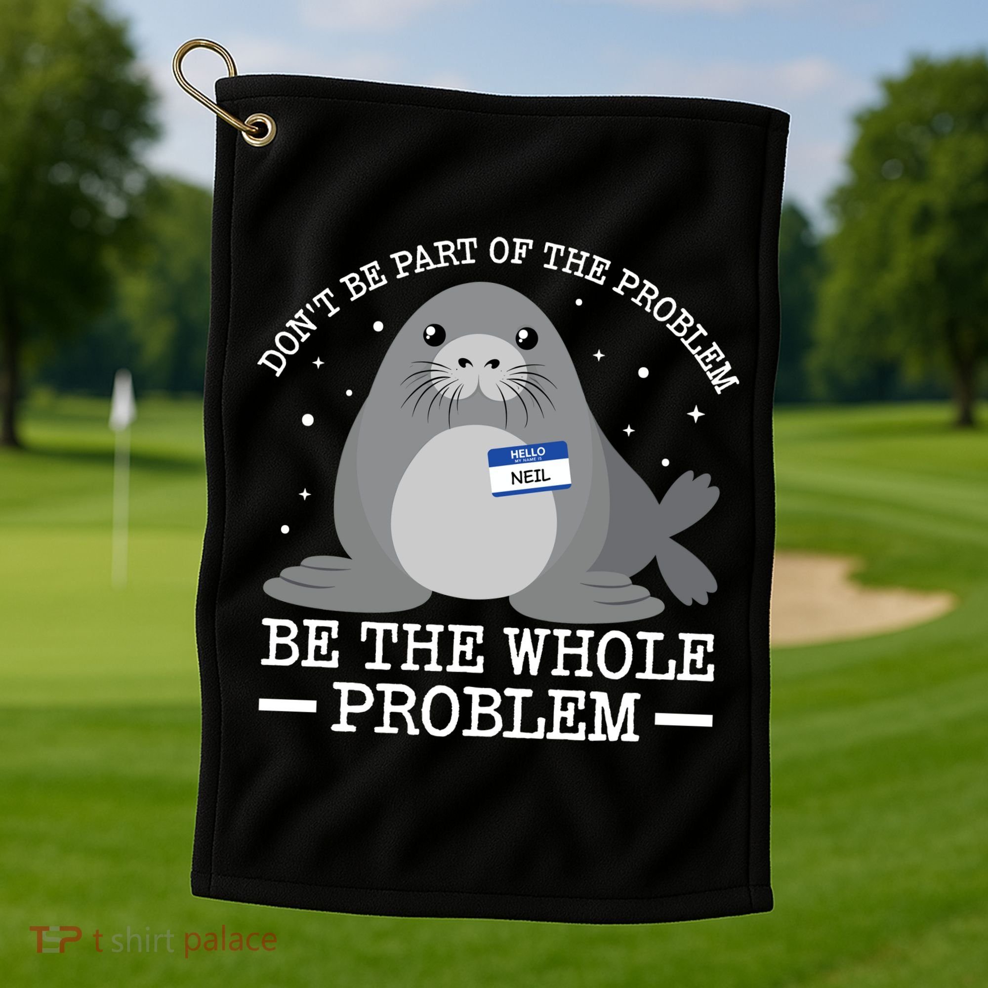 Hello My Name Is Neil Funny Seal Character Gift Golf Towel