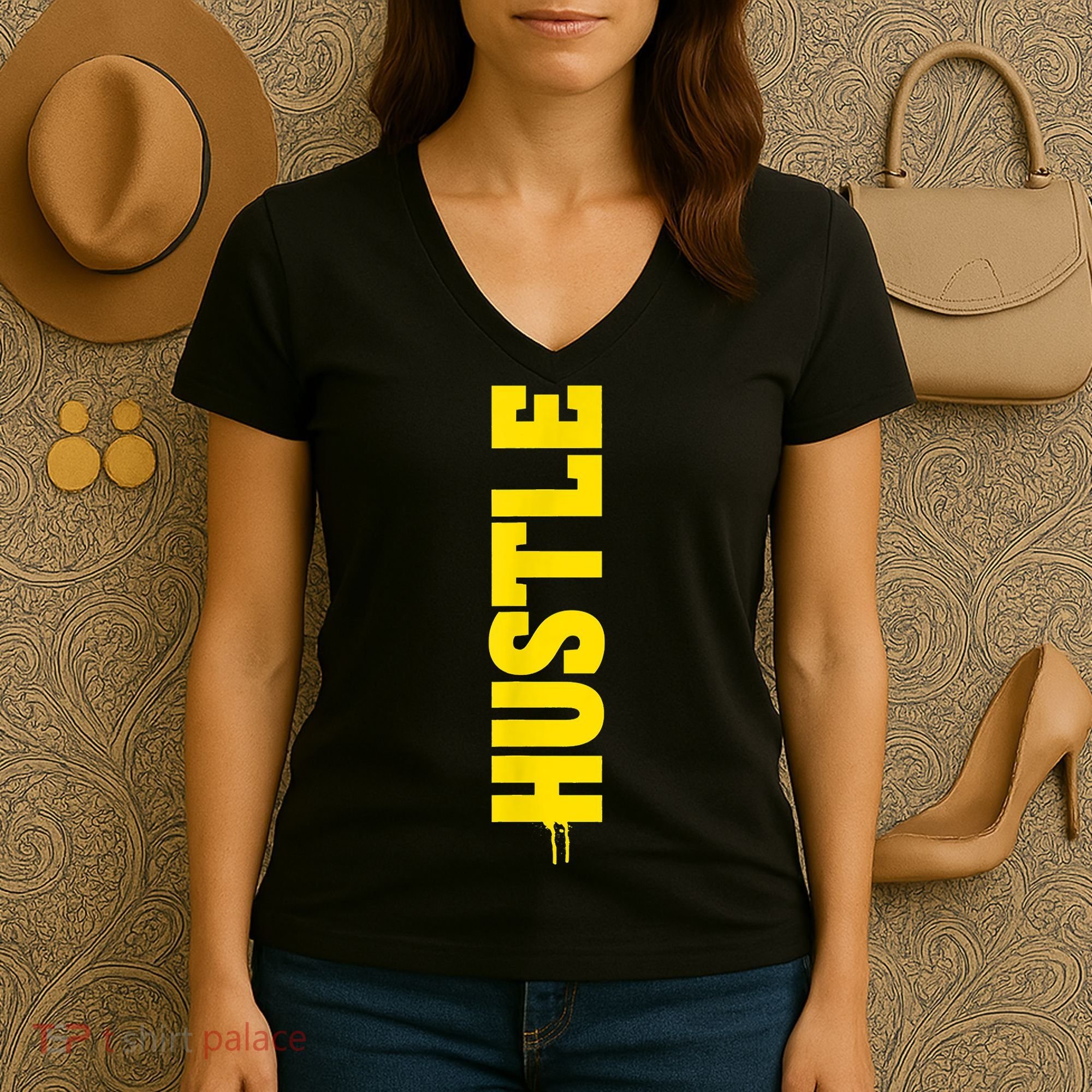HUSTLE MODE ON , HARD Motivational Saying Women's V-Neck T-Shirt
