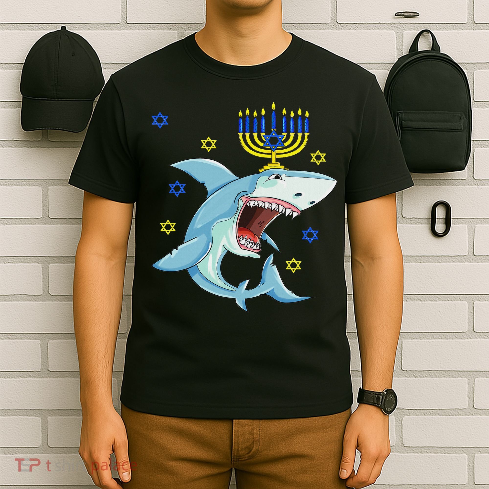 Hanukkah Menorah Shark Funny Chanukah Jewish Gift T-Shirt