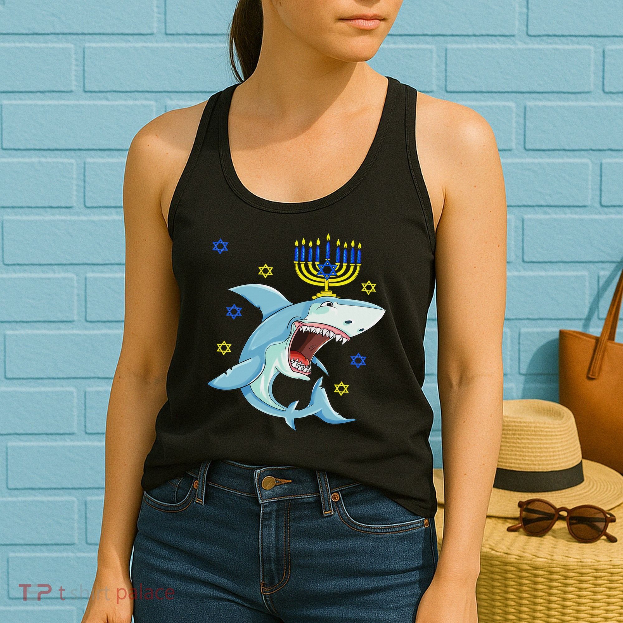Hanukkah Menorah Shark Funny Chanukah Jewish Gift Women's Tank Top