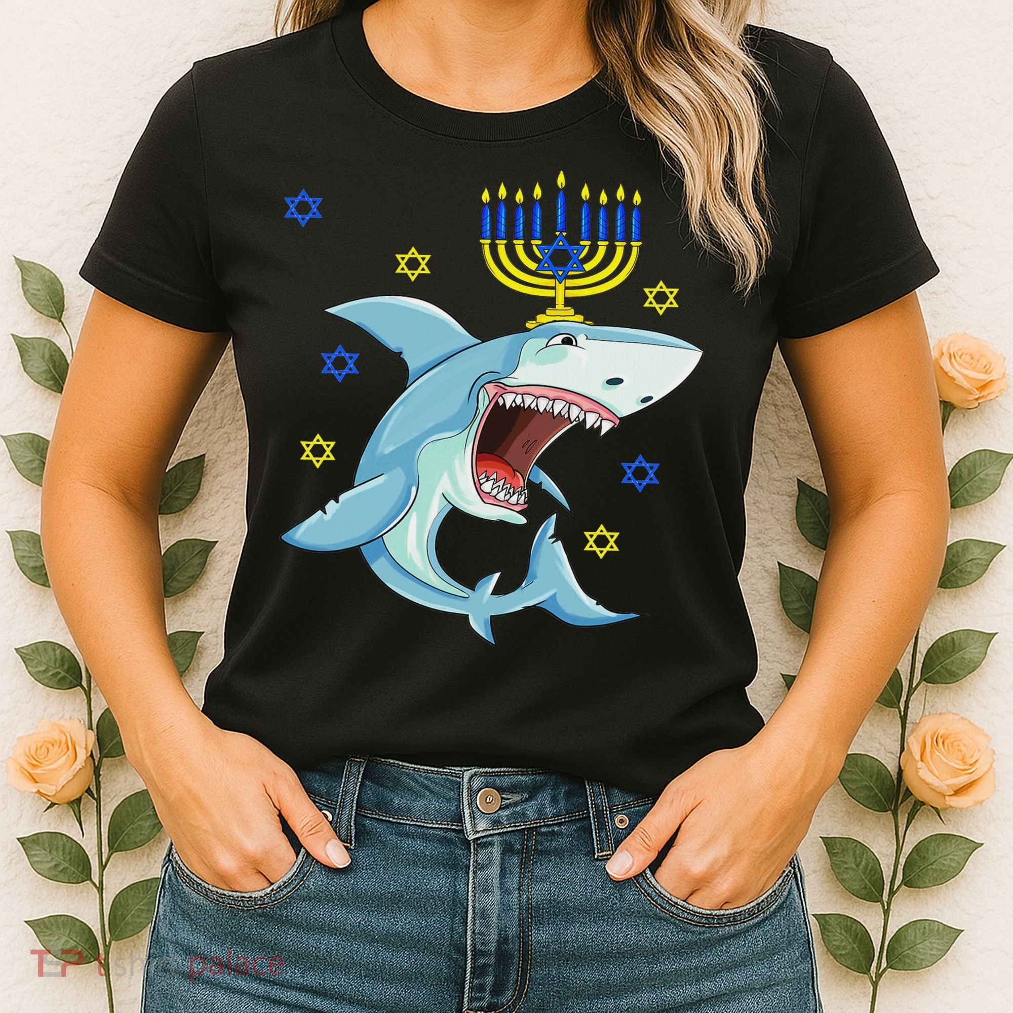 Hanukkah Menorah Shark Funny Chanukah Jewish Gift Women's T-Shirt