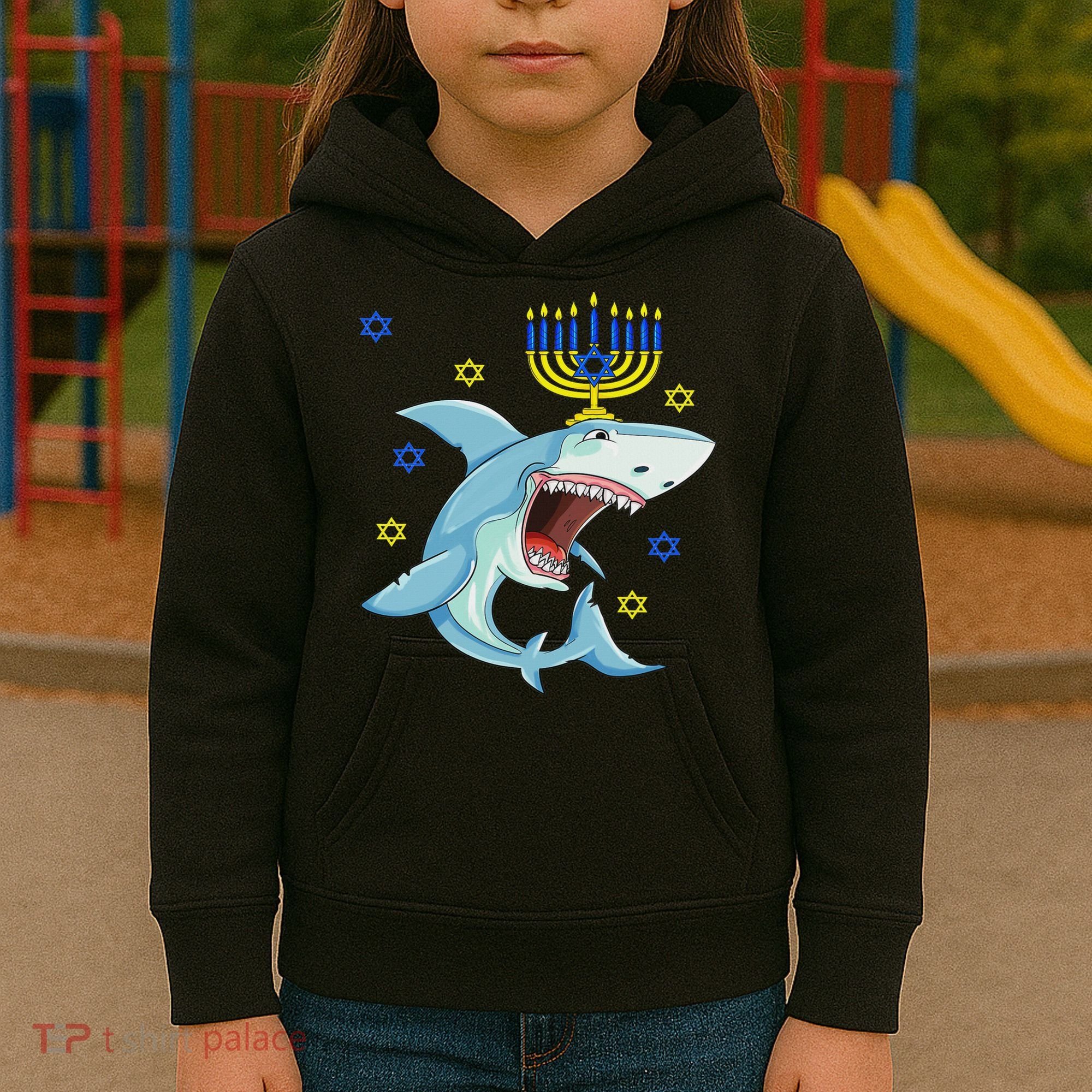 Hanukkah Menorah Shark Funny Chanukah Jewish Gift Kids Hoodie