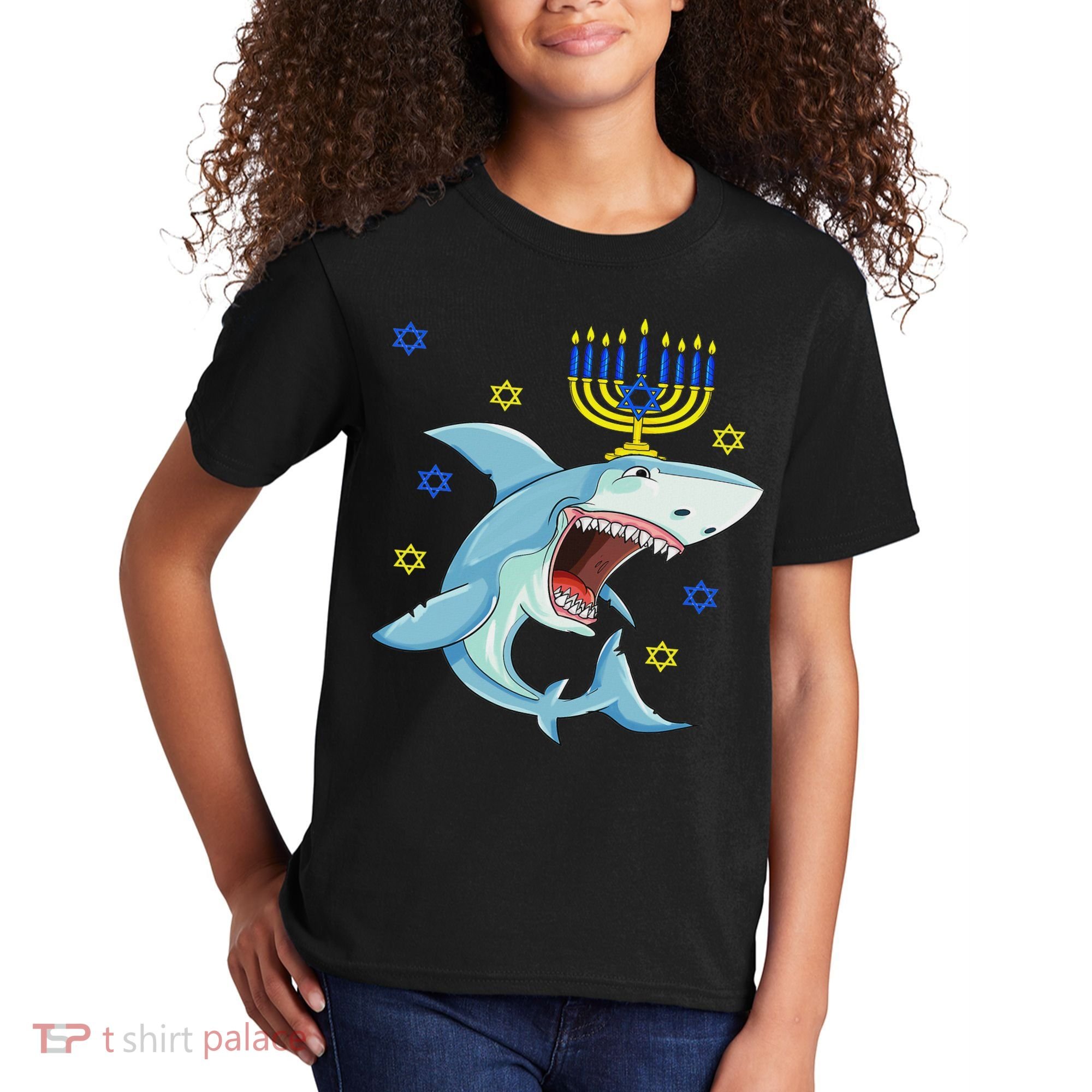 Hanukkah Menorah Shark Funny Chanukah Jewish Gift Kids T-Shirt
