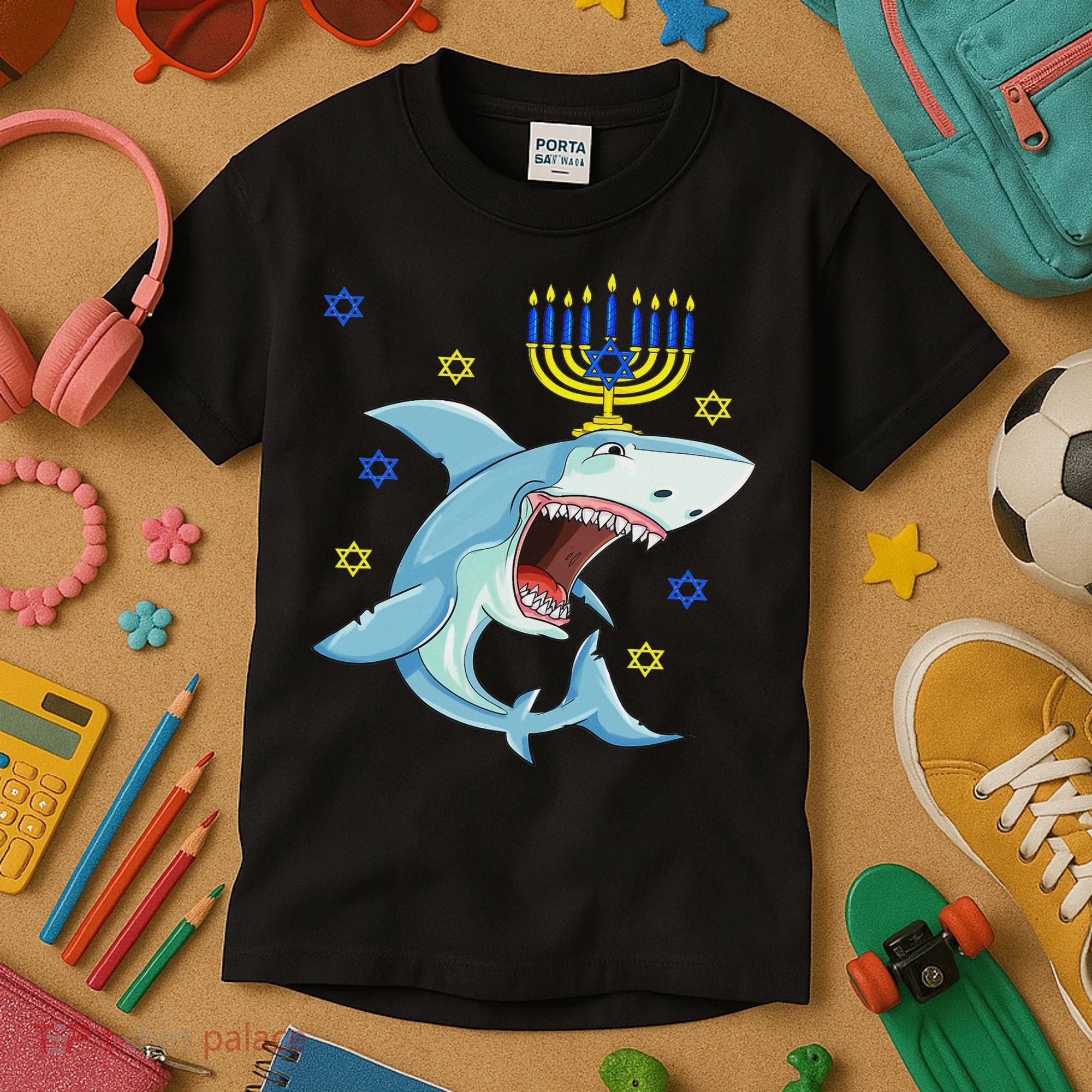 Hanukkah Menorah Shark Funny Chanukah Jewish Gift Kids T-Shirt