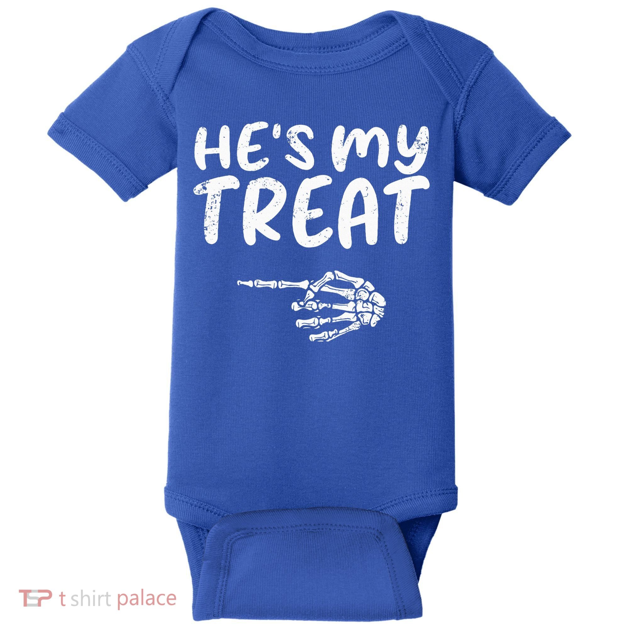 HeS My Treat Skeleton Hand Funny Halloween Costume Couples Baby Bodysuit