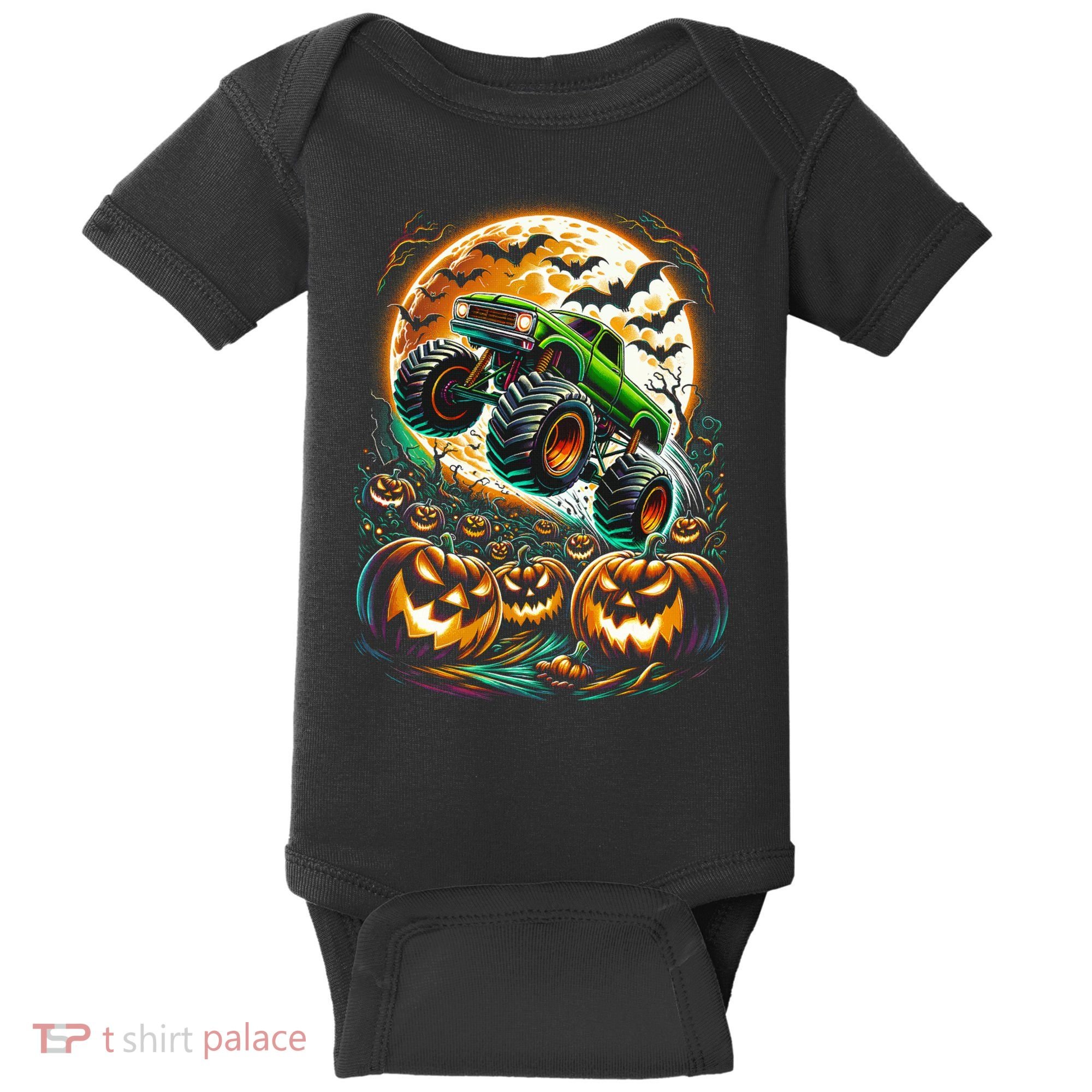 Halloween Monster Truck Jack O Lantern Trick Treat Baby Bodysuit