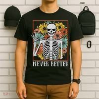 Halloween Never Better Skeleton Floral Skull T-Shirt thumb 6