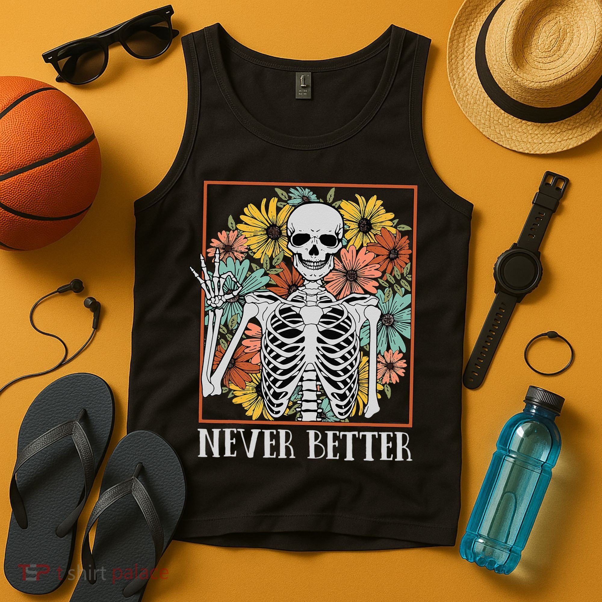 Halloween Never Better Skeleton Floral Skull Tank Top