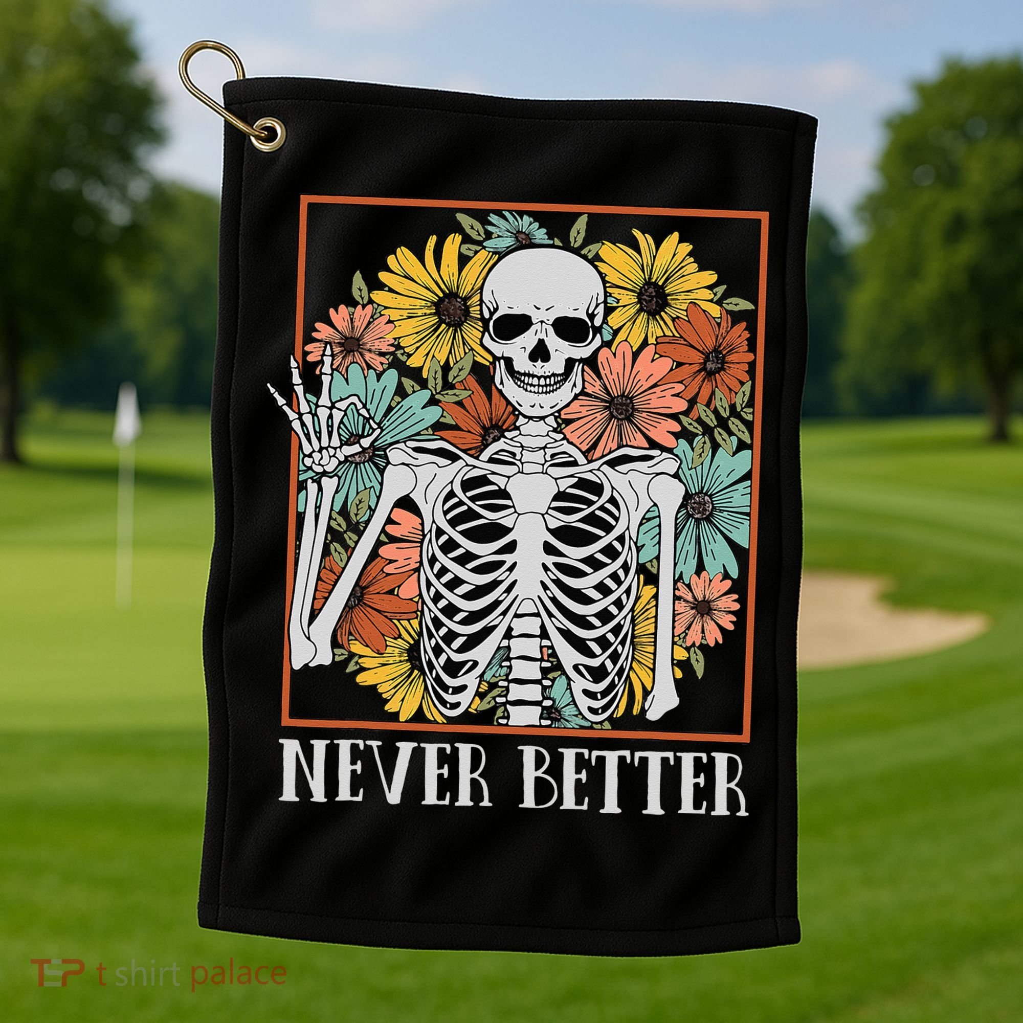 Halloween Never Better Skeleton Floral Skull Golf Towel
