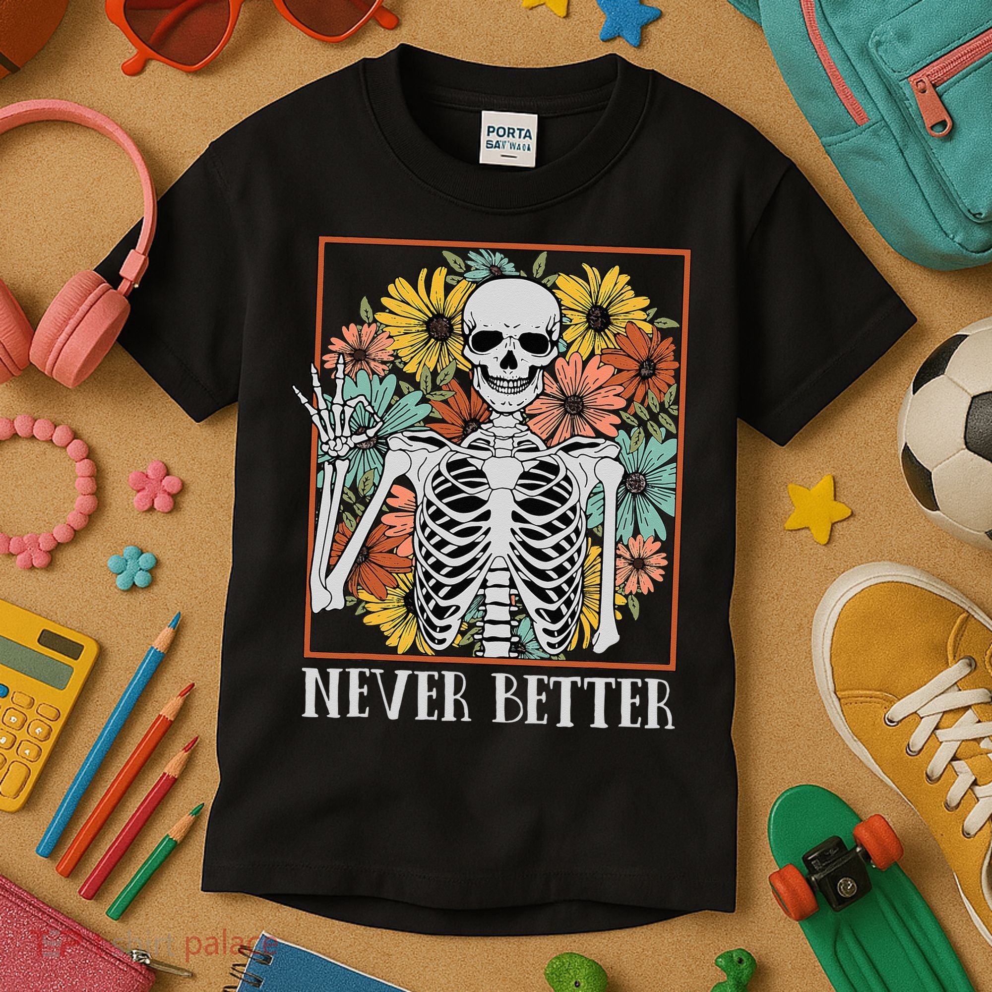 Halloween Never Better Skeleton Floral Skull Kids T-Shirt