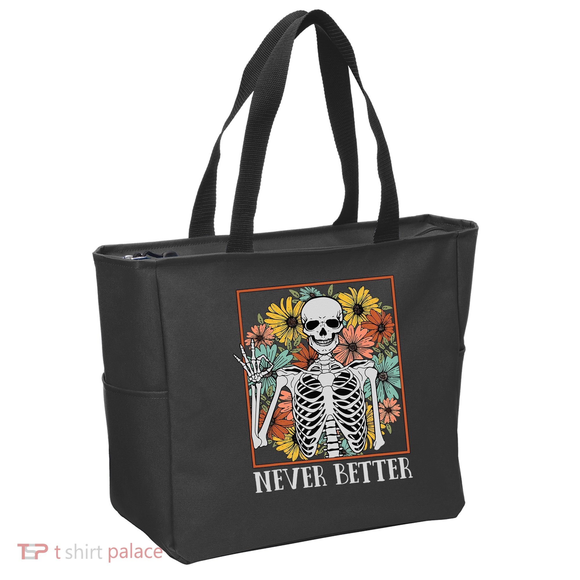 Halloween Never Better Skeleton Floral Skull Tote Bag