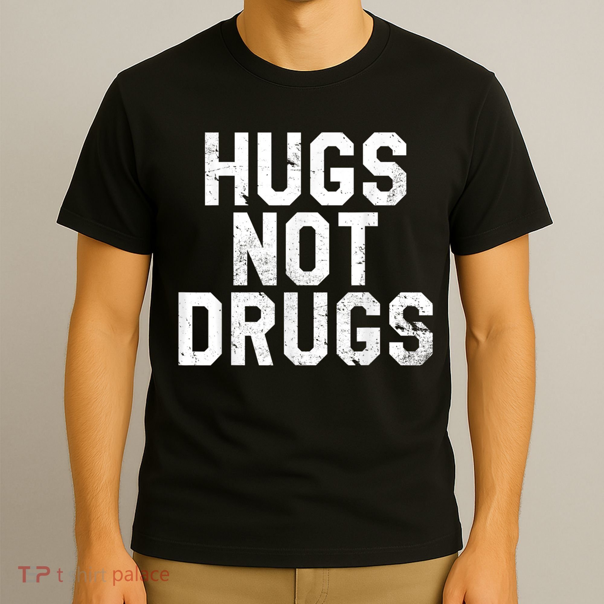 Hugs Not Drugs Distressed Jumbo Print Graphic T-Shirt
