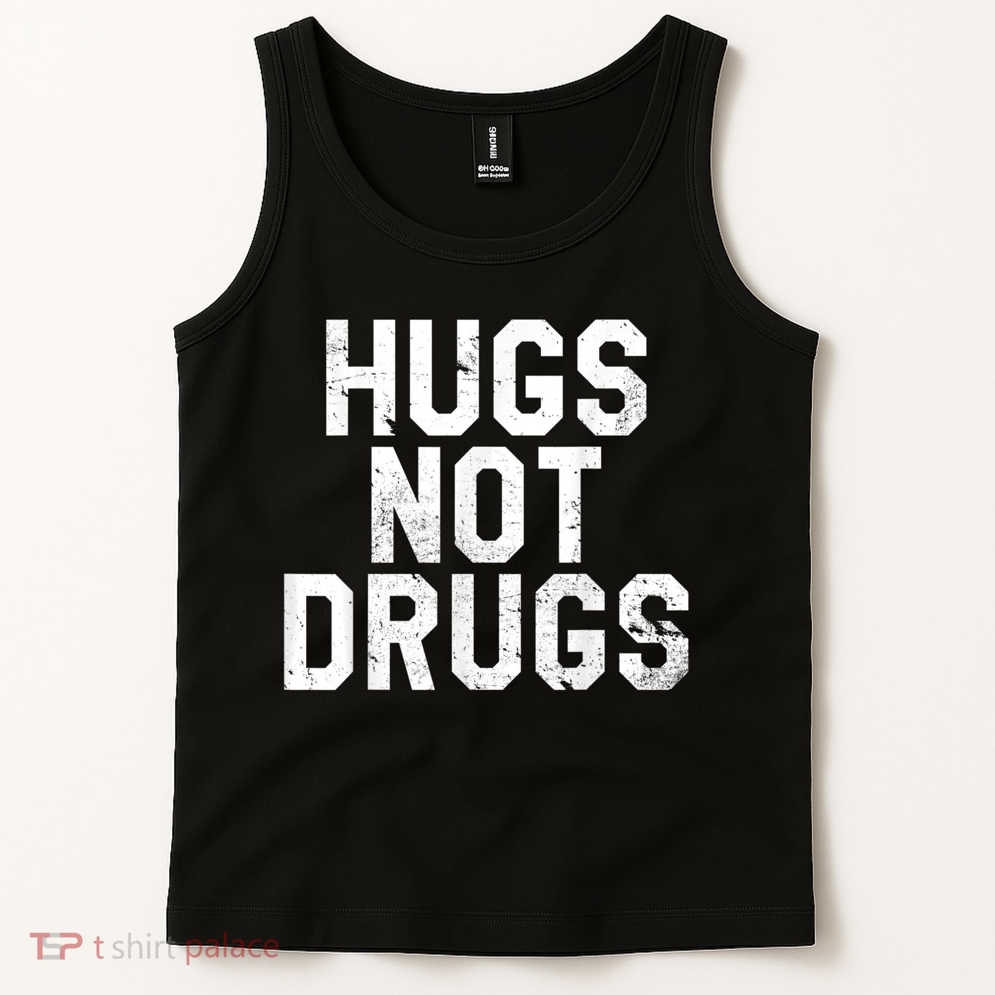 Hugs Not Drugs Distressed Jumbo Print Graphic Tank Top