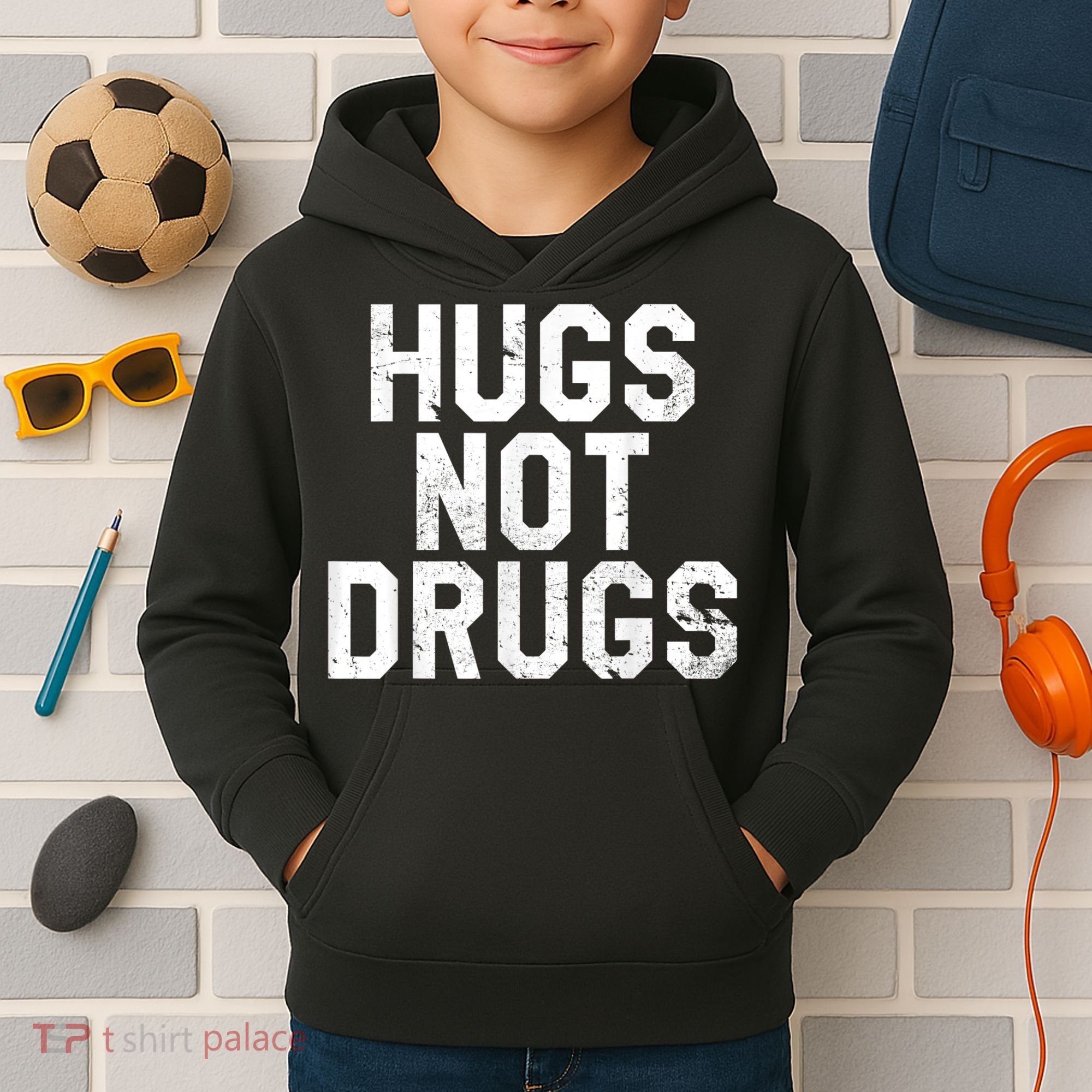 Hugs Not Drugs Distressed Jumbo Print Graphic Kids Hoodie
