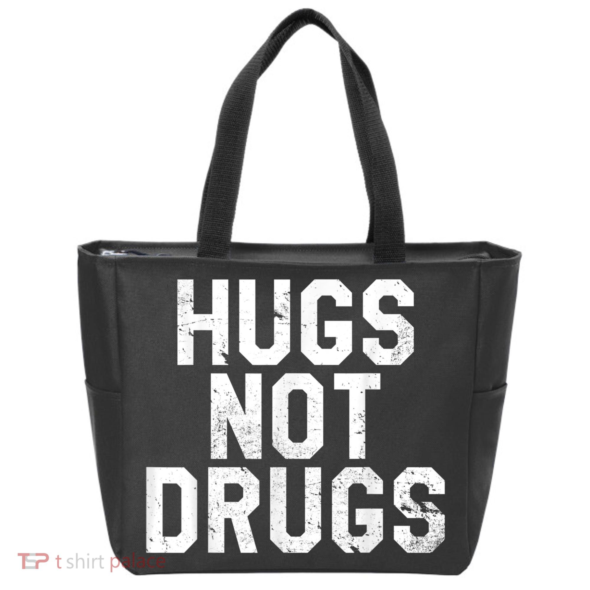Hugs Not Drugs Distressed Jumbo Print Graphic Tote Bag