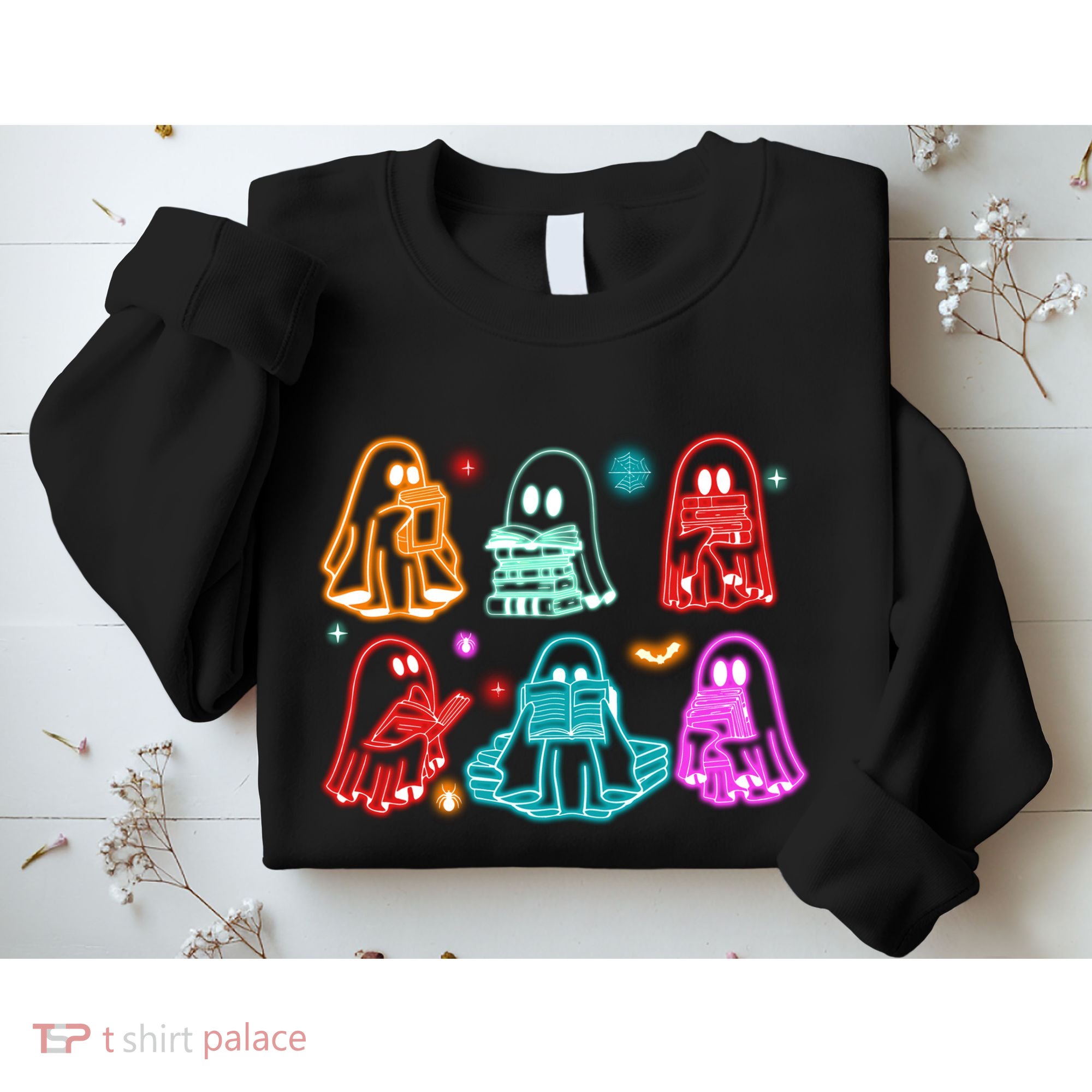 Halloween Neon Ghost Reading Books Spooky Season Sweatshirt