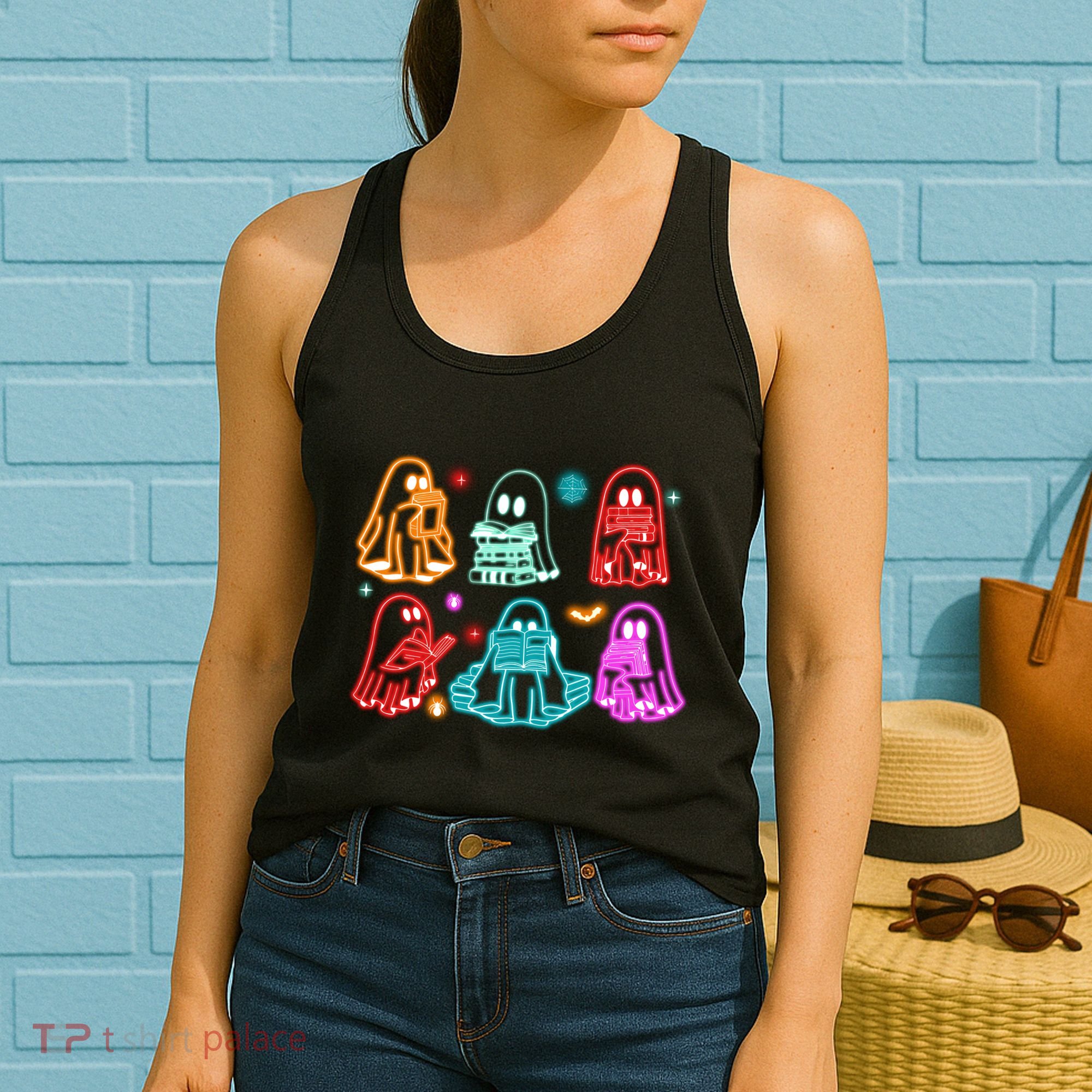 Halloween Neon Ghost Reading Books Spooky Season Women's Tank Top