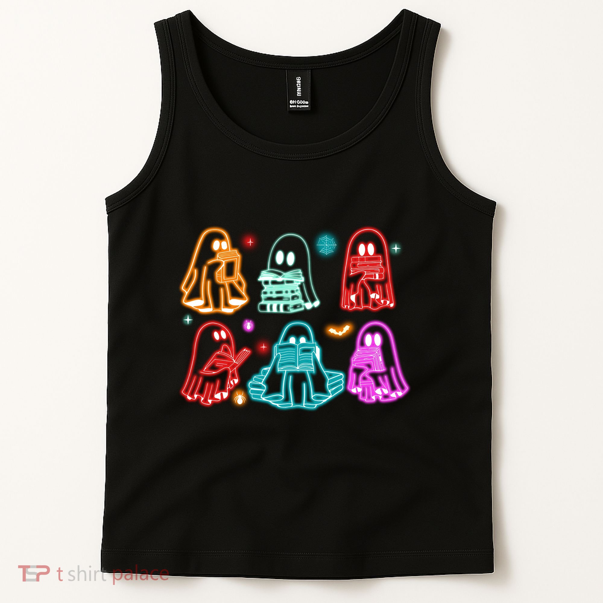 Halloween Neon Ghost Reading Books Spooky Season Tank Top