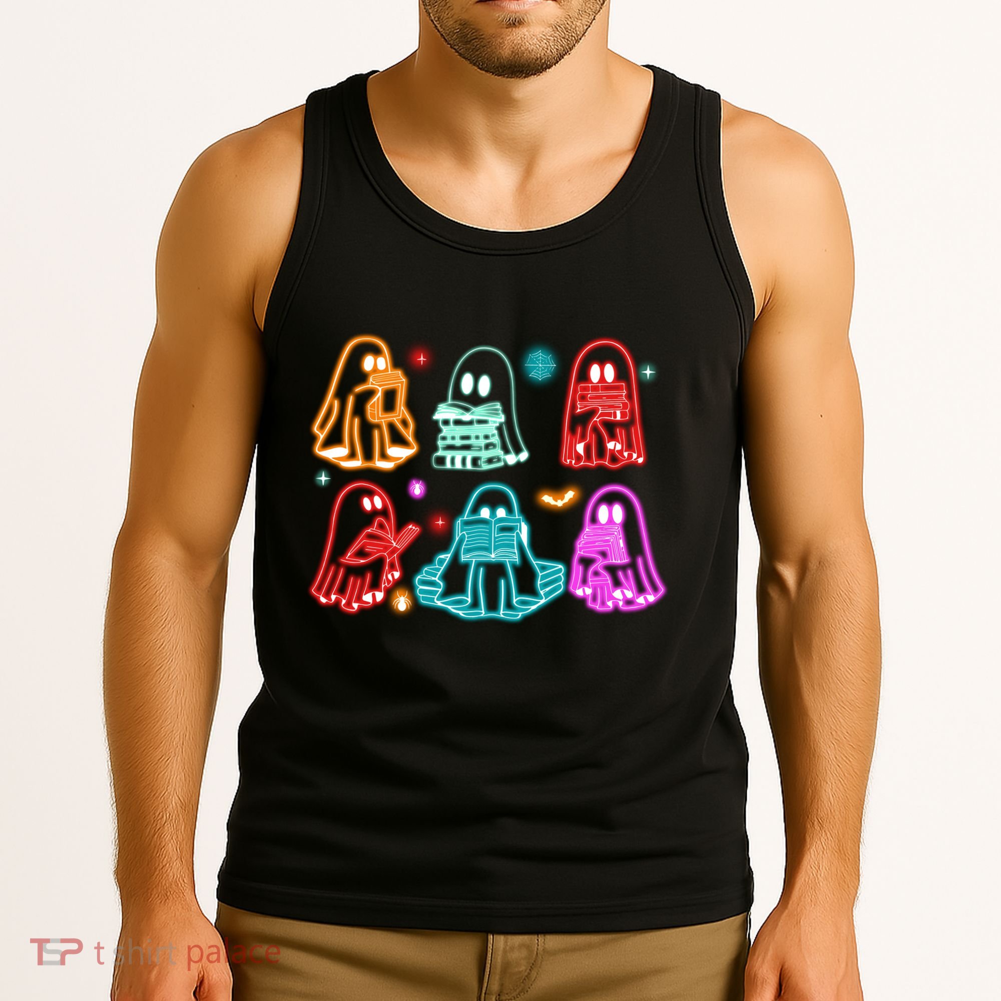 Halloween Neon Ghost Reading Books Spooky Season Tank Top