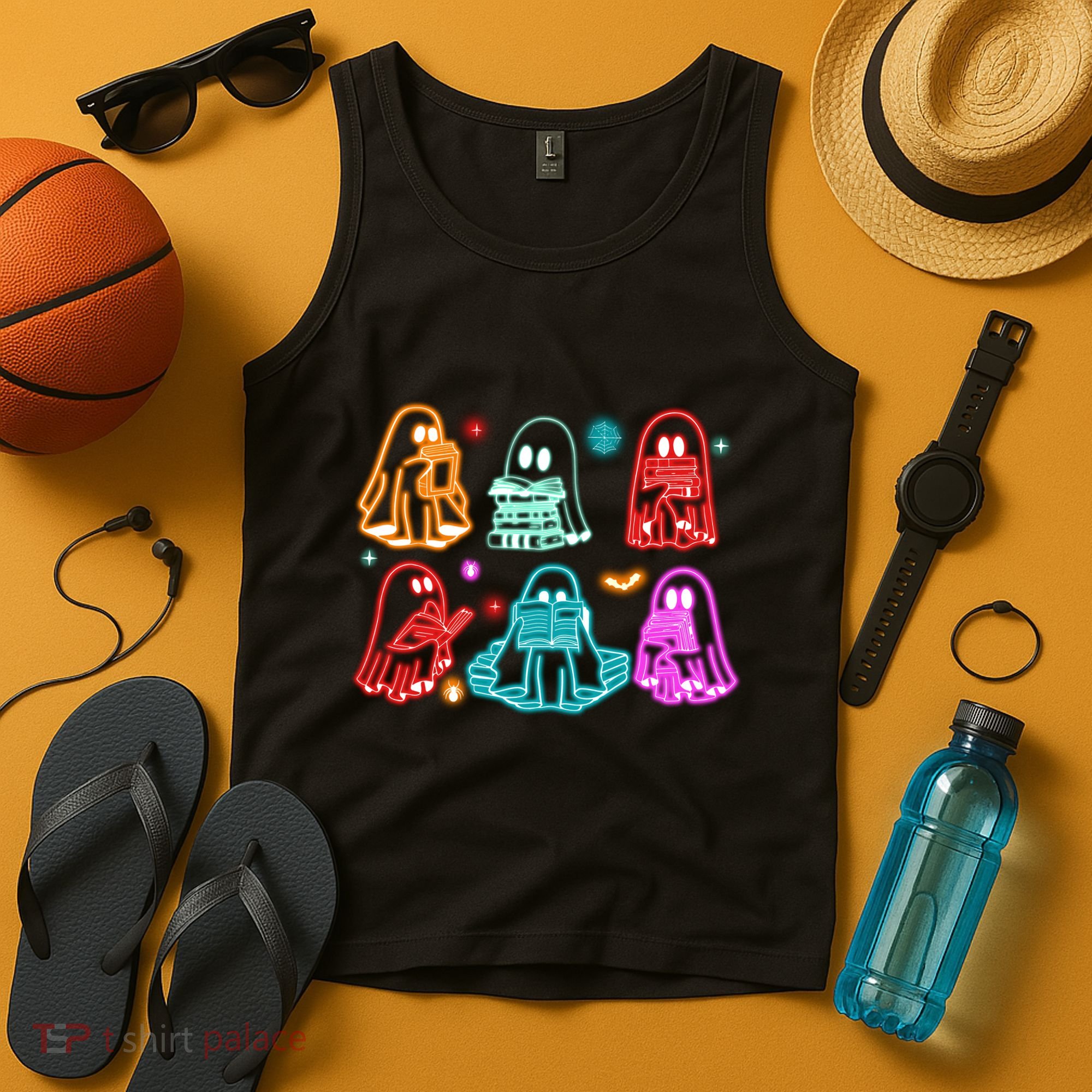 Halloween Neon Ghost Reading Books Spooky Season Tank Top