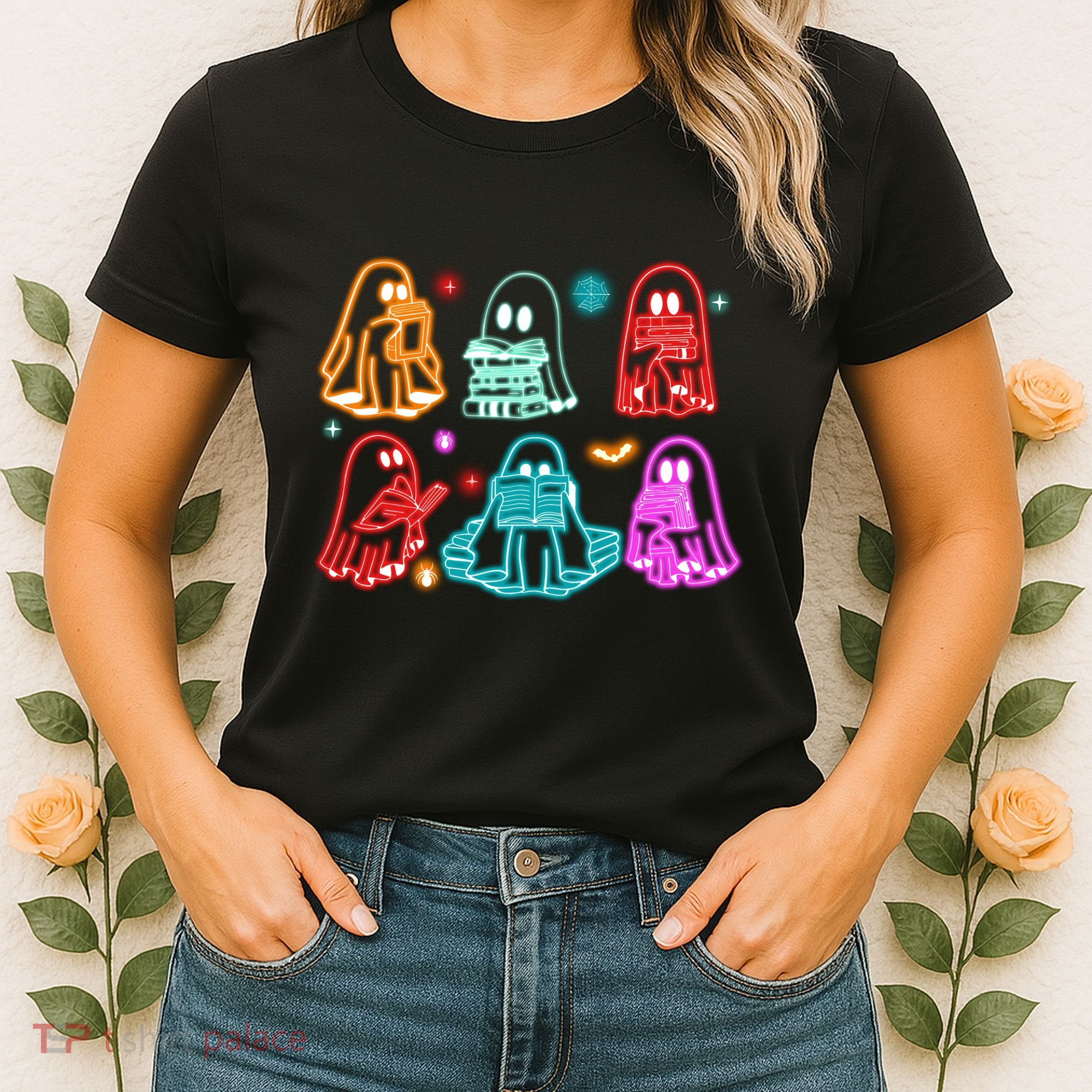 Halloween Neon Ghost Reading Books Spooky Season Women's T-Shirt