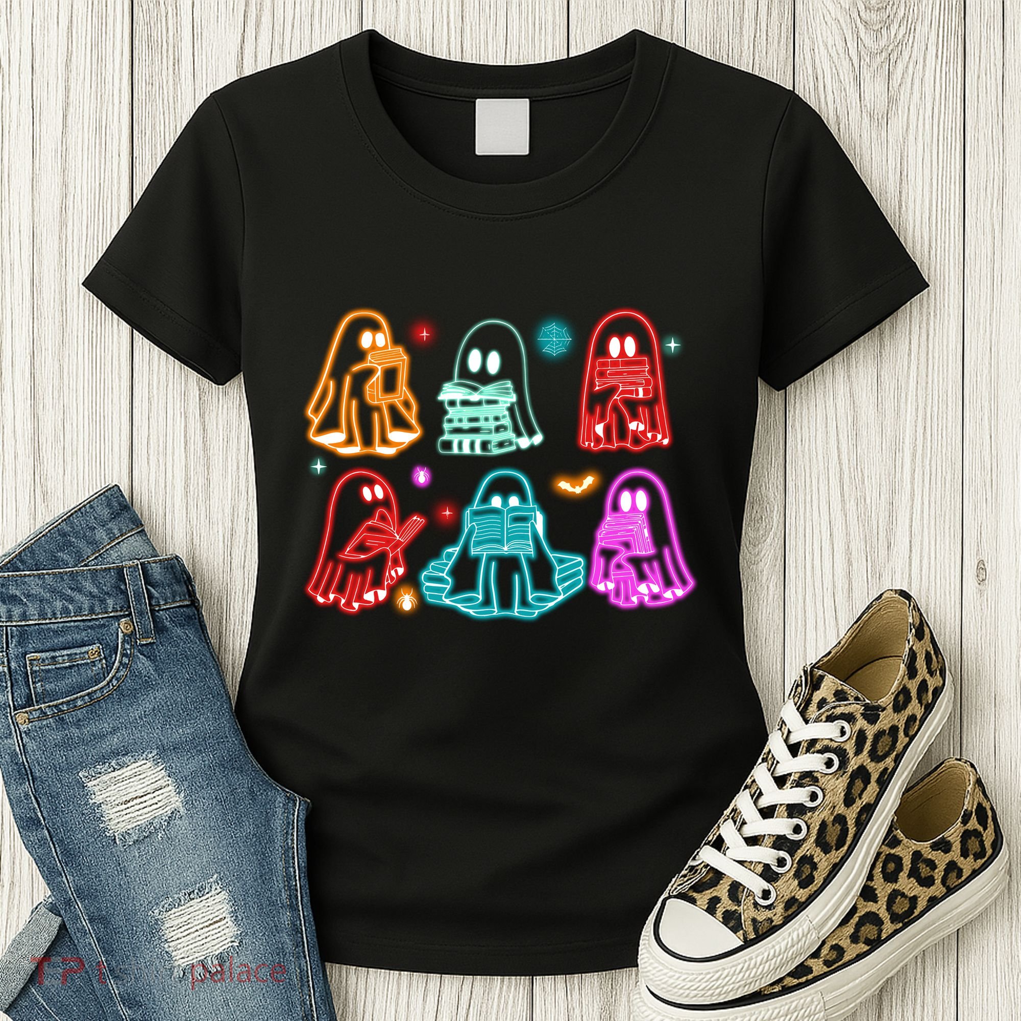 Halloween Neon Ghost Reading Books Spooky Season Women's T-Shirt