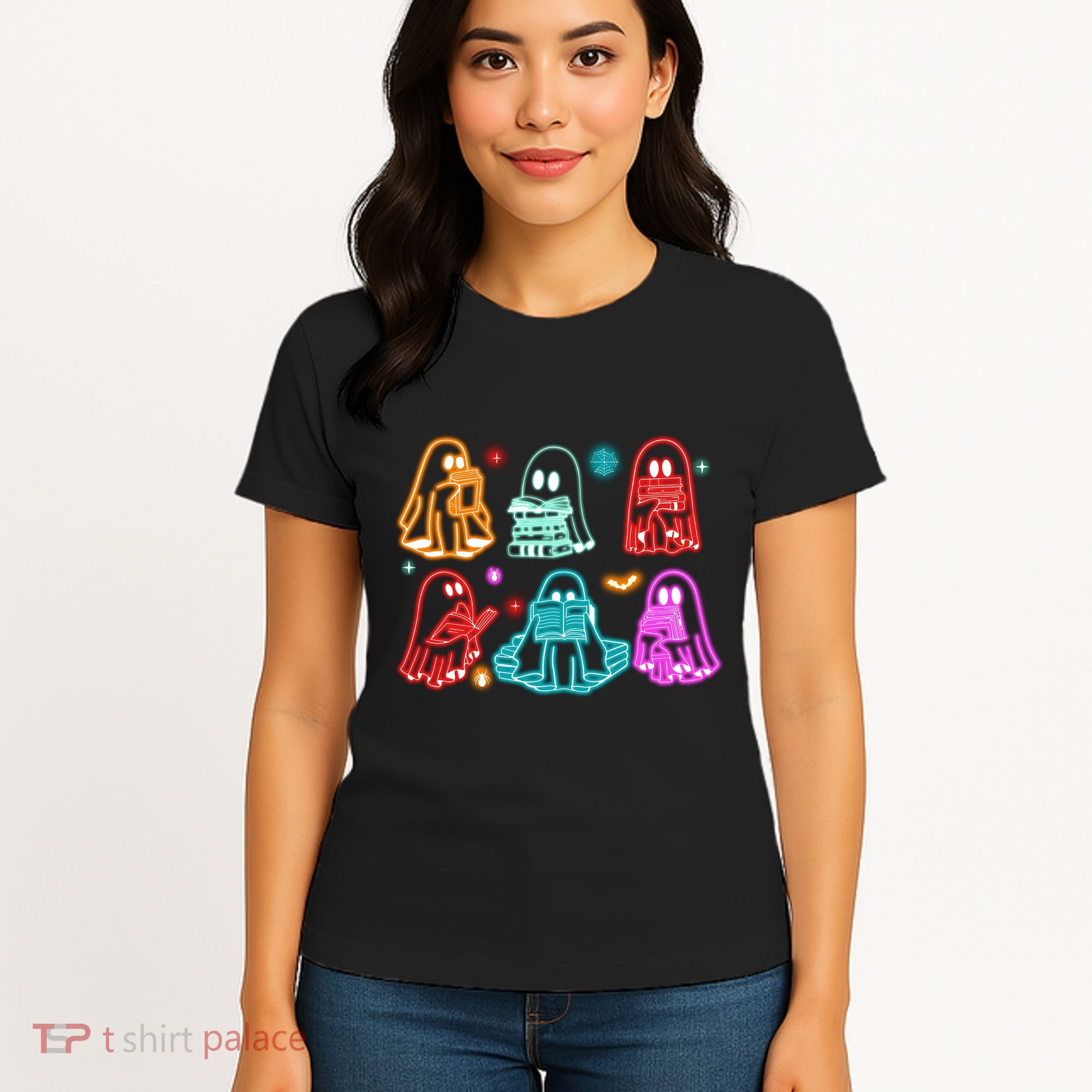 Halloween Neon Ghost Reading Books Spooky Season Women's T-Shirt