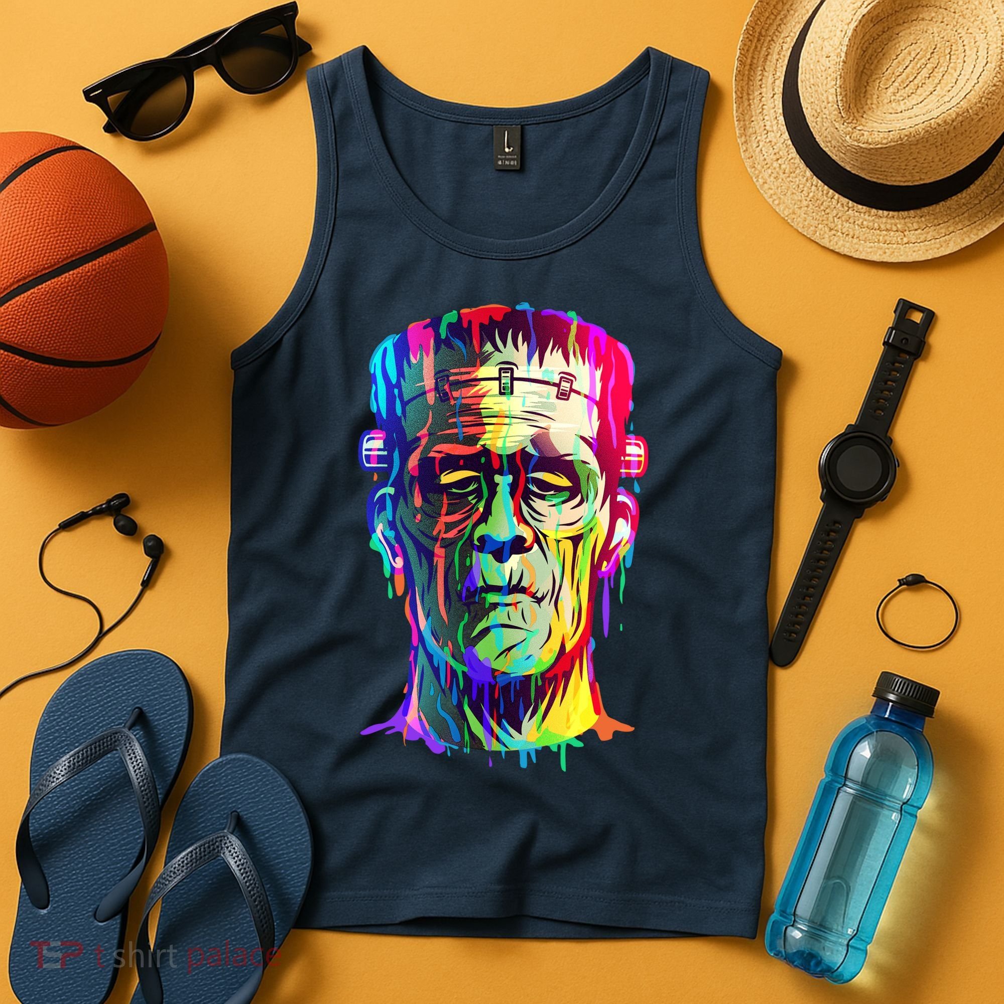Halloween Neon Paint Drip Frankenstein Monster Tank Top