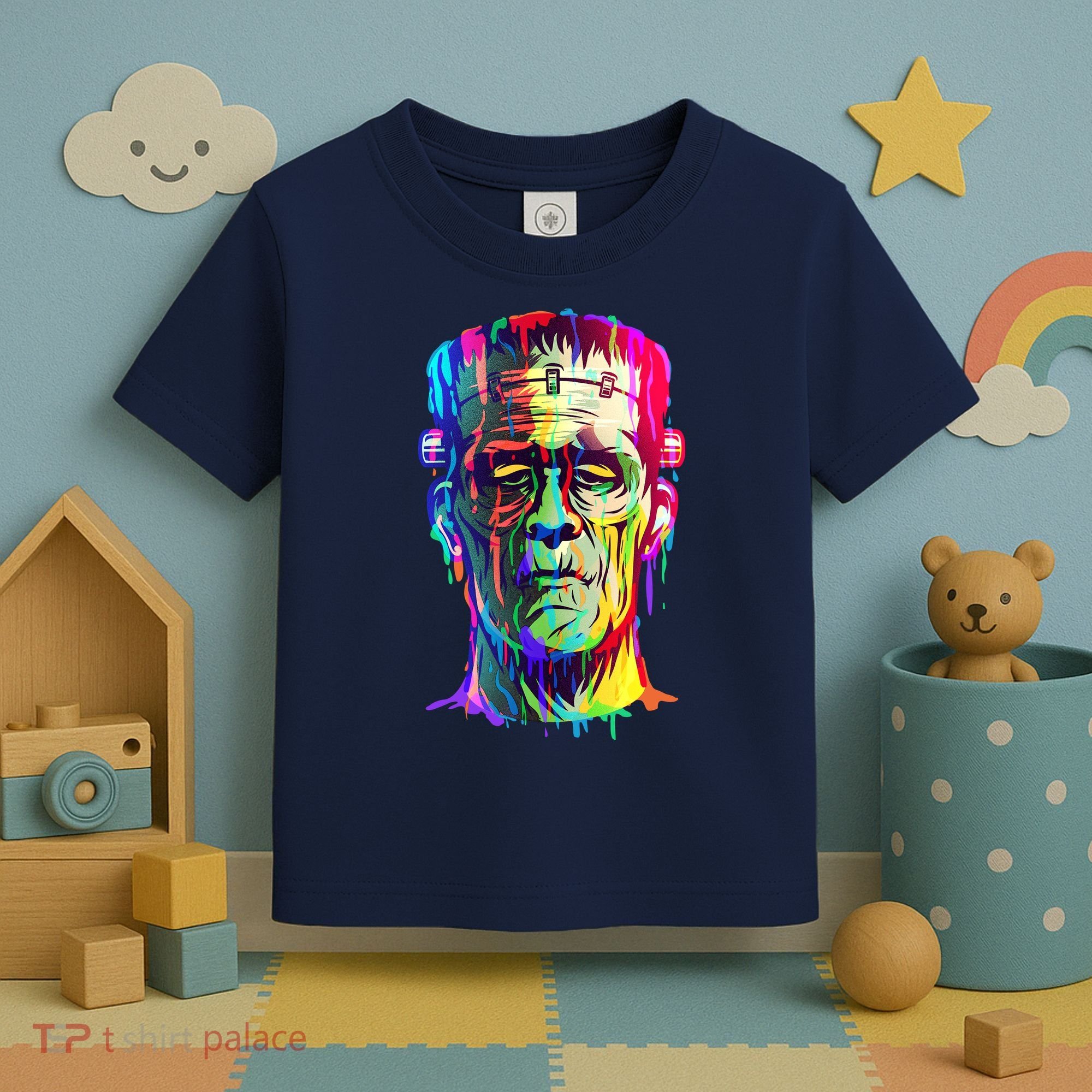 Halloween Neon Paint Drip Frankenstein Monster Toddler T-Shirt