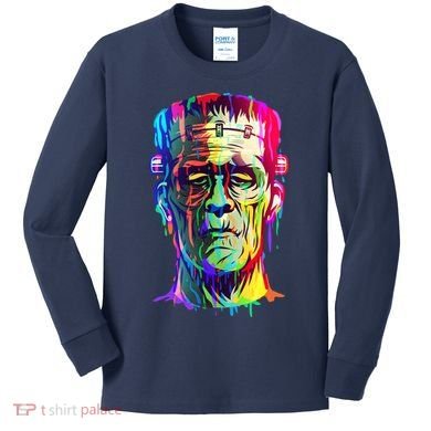 Halloween Neon Paint Drip Frankenstein Monster Kids Long Sleeve Shirt