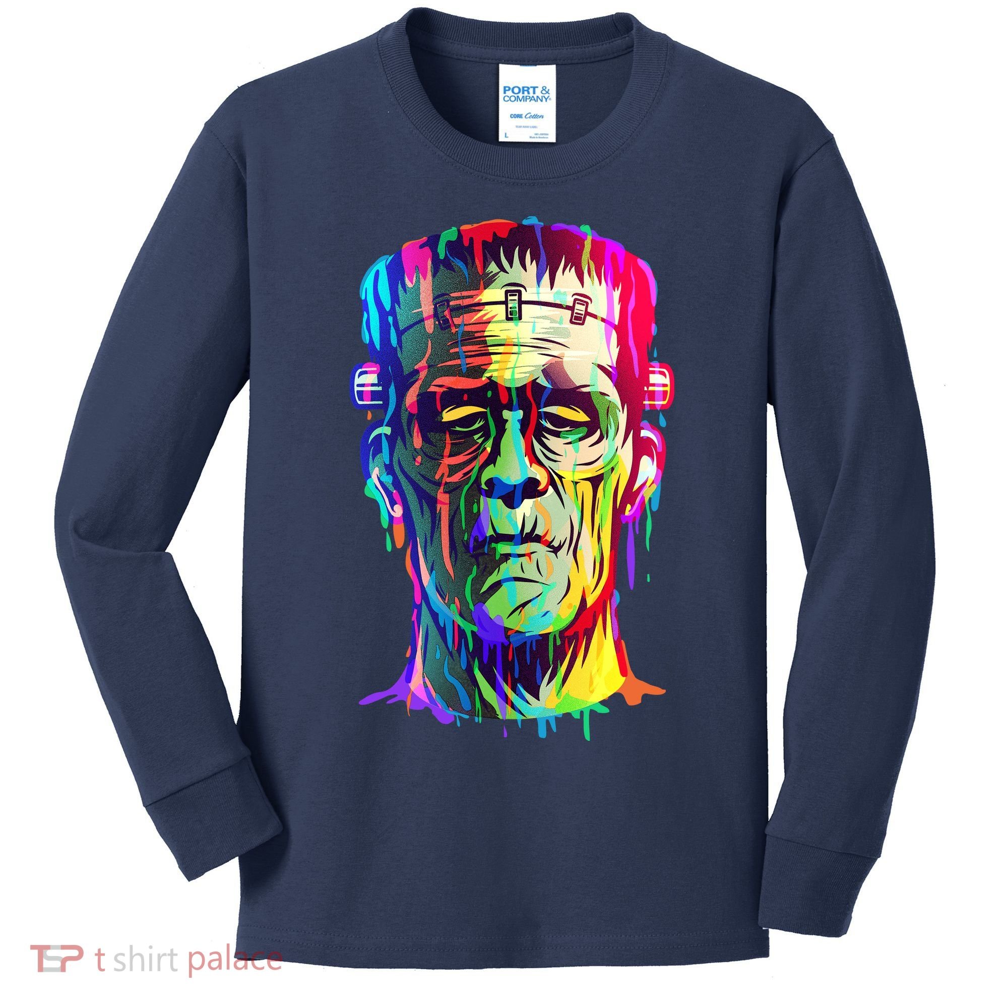 Halloween Neon Paint Drip Frankenstein Monster Kids Long Sleeve Shirt