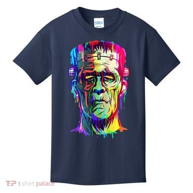 Halloween Neon Paint Drip Frankenstein Monster Kids T-Shirt
