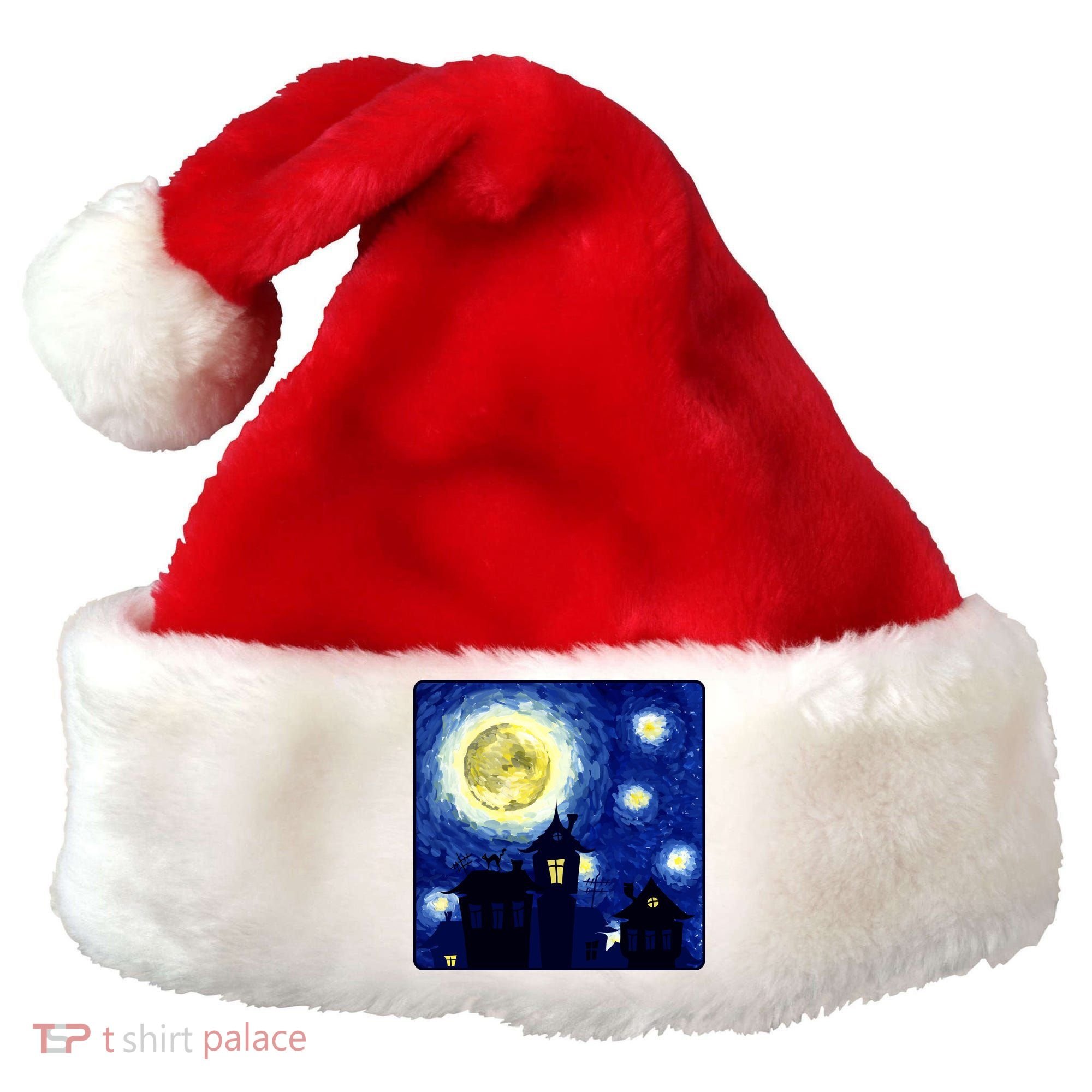 Halloween Nights, Starry Night Painting Santa Hat