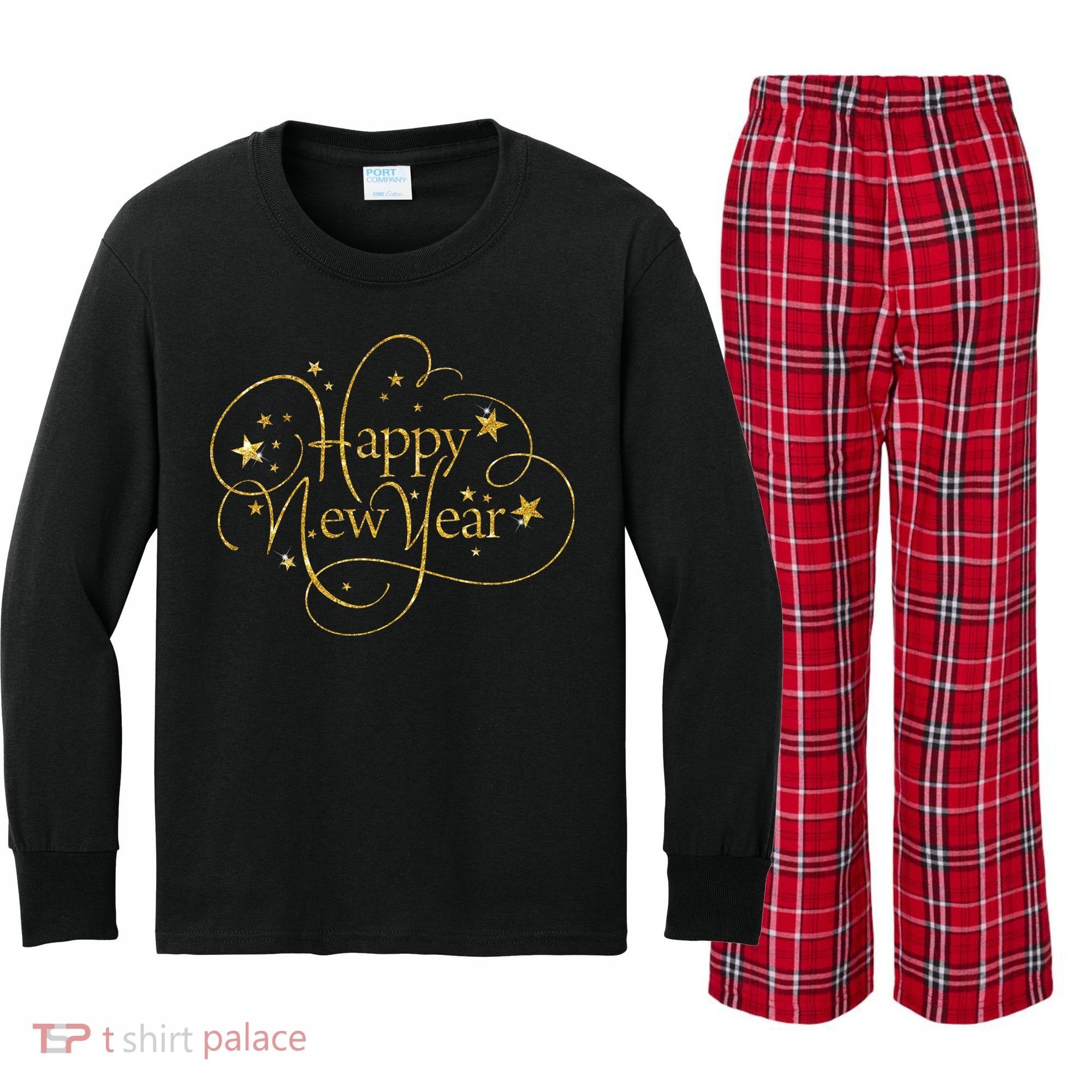 Happy New Years Golden Logo Kids Long Sleeve Plaid Pajama Set